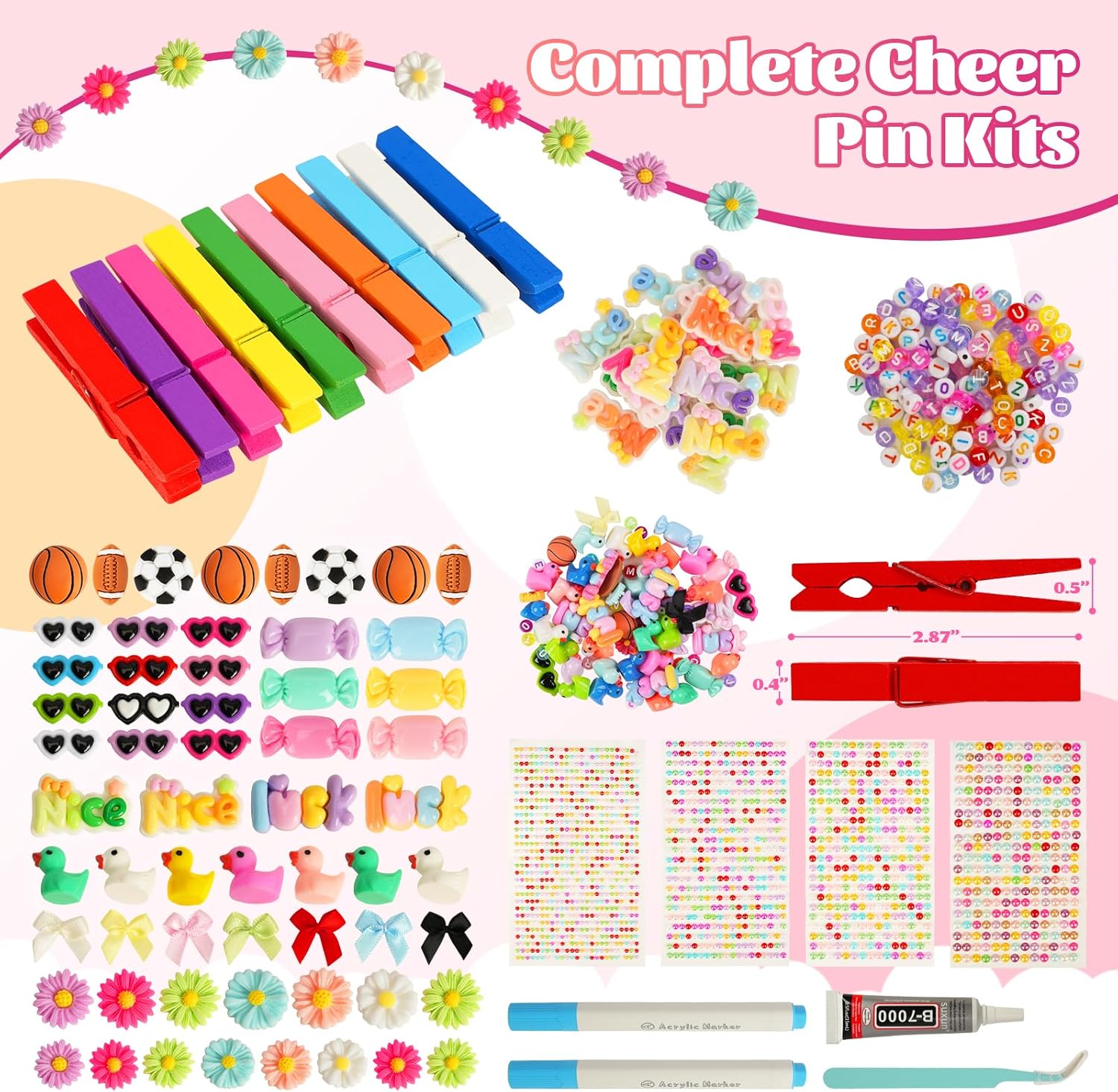 100 Set Cheer Pins Spirit Clips, Wooden Colored Clothes Pins with Tools,Cheer Pin Kit 180 Mini Bows Ducks Daisy Balls 300 Letters 4 Stickers, DIY Custom Pins for Backpack Team Cheerleader Gifts