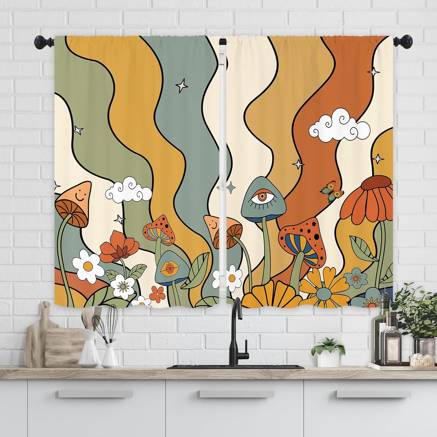 Amazon.com: Yookeb 70s Mushroom Retro Kitchen Curtains 27.5W x 39H Rod Pocket Groovy Funky 60s ...