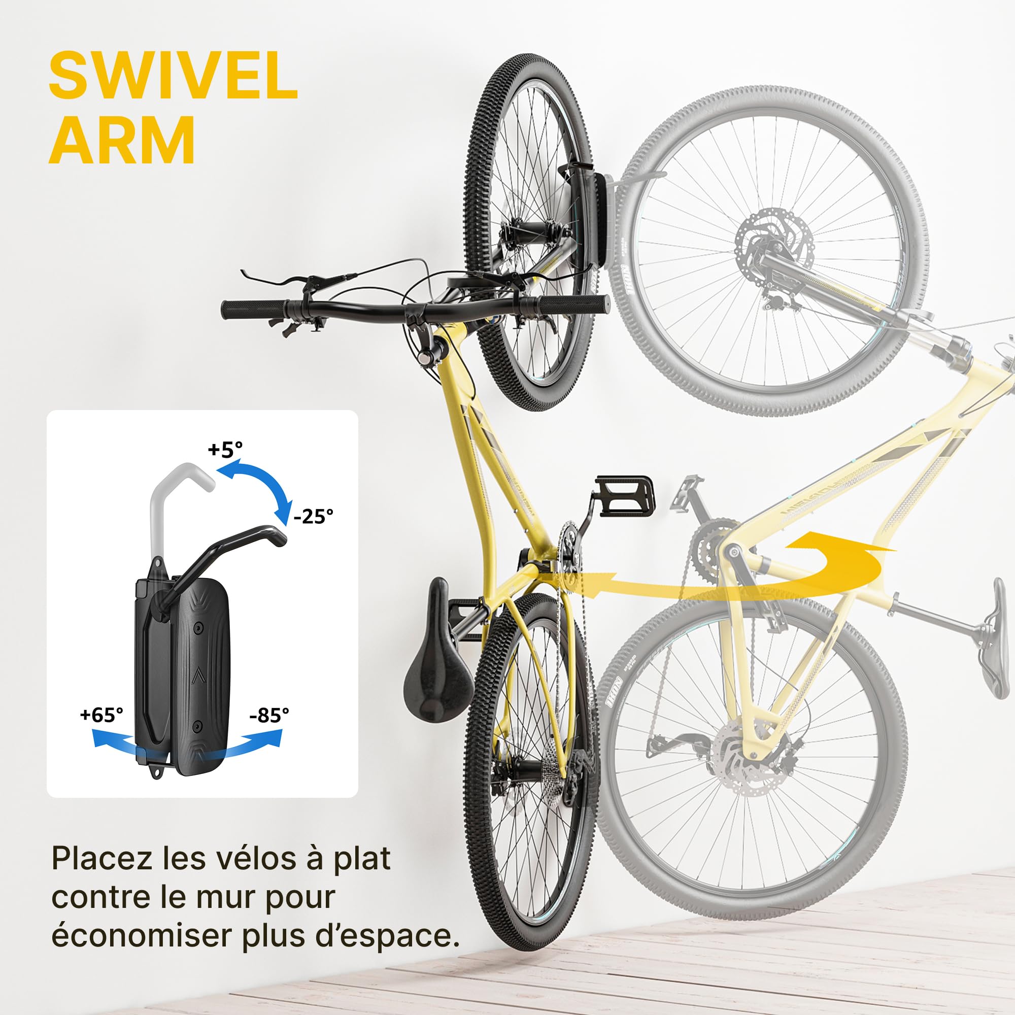 monTEK Support Mural Vélo Pivotant, Porte Vélo Mural Vertical pour Garage, Rangement Vélo Gain de Place, Rotation 150°, Charge jusqu'à 30 kg, Noir