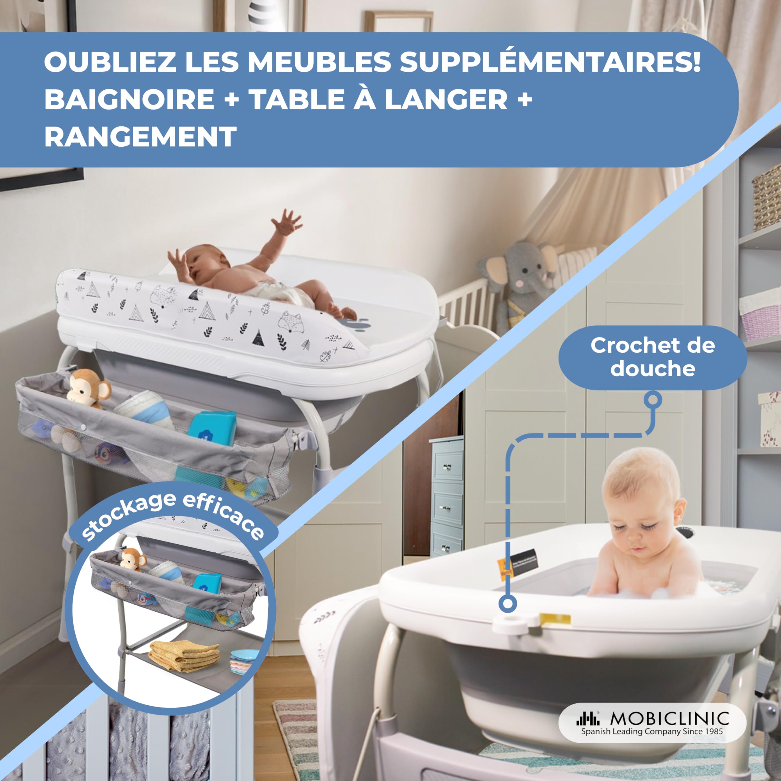 Mobiclinic®, Table à langer 2-en-1 avec baignoire, Trendy, Réglable en 4 hauteurs, Thermomètre, Roues frein, Paniers de rangement, Jusqu'à 50 kg, Tube drainage, 0-36 mois