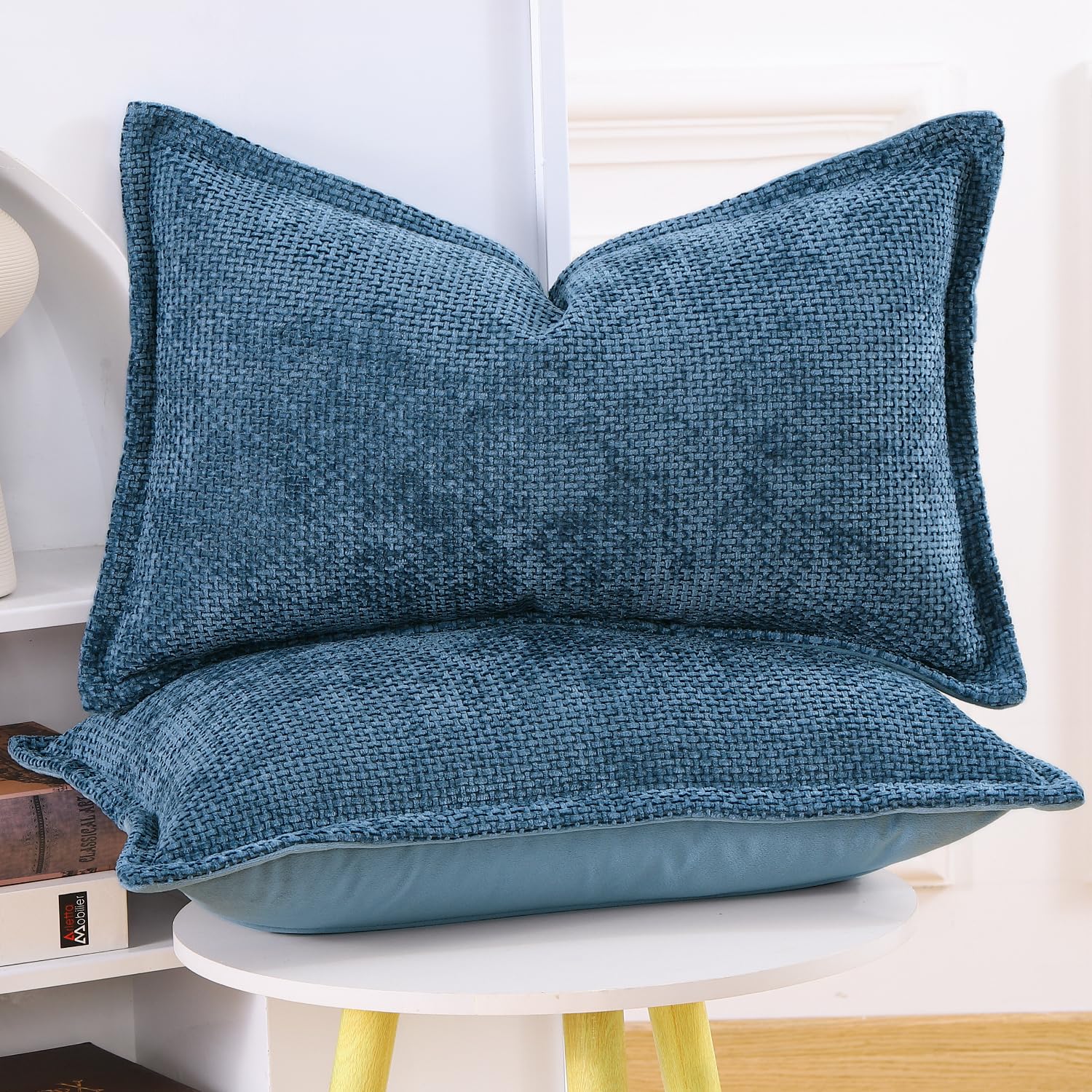 Madizz Set of 2 Chenille Velvet Cushion Covers with Flange Soft Boho Textured Throw Pillow Covers Broadside Pillowcases Modern Farmhouse Home Decor for Sofa Bedroom Dark Blue 12x20 inch - Image 2