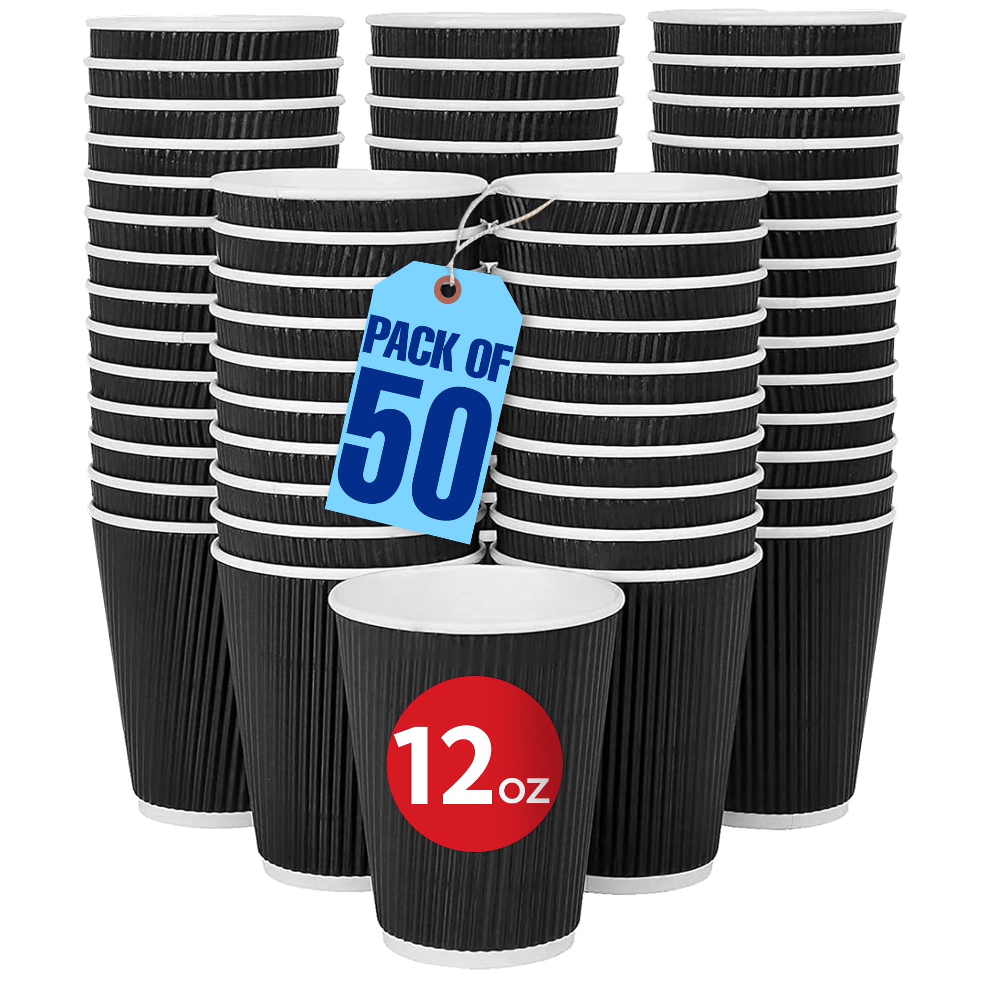 MARKQ [Set of 50] [12 Oz] Black Disposable Coffee & Tea Cups - Hot Beverage Corrugated Tripple Wall Disposable Paper Cups - Eco-Friendly