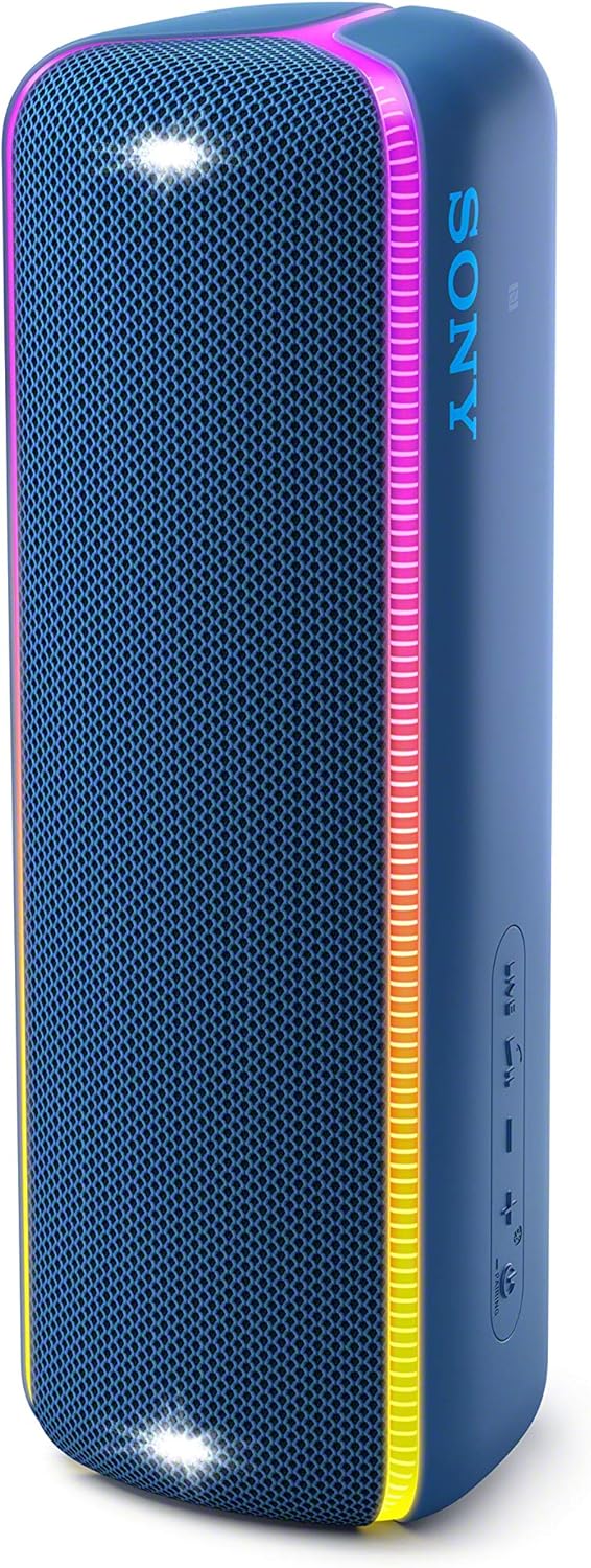 Sony SRS-XB32 Portable Bluetooth Speaker: Compact Wireless Party Speaker with Multicolor Lights and Flashing Strobe - Loud Audio for Phone Calls -Waterproof and Shockproof Bluetooth Speakers - Blue