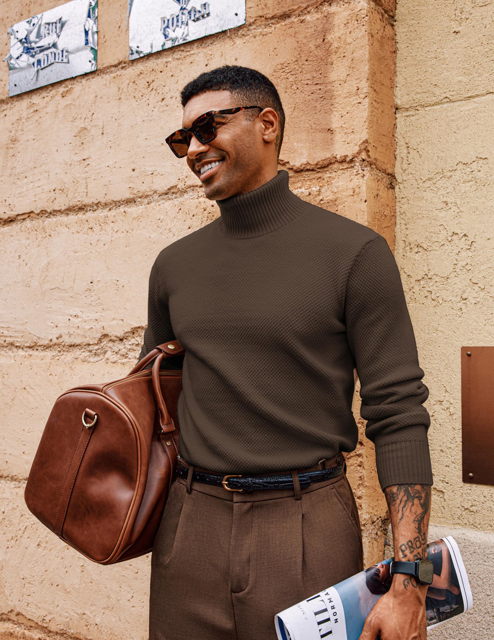 PJ PAUL JONES Suéteres de cuello alto para hombre, de manga larga, cuello alto falso, suéter de punto acanalado