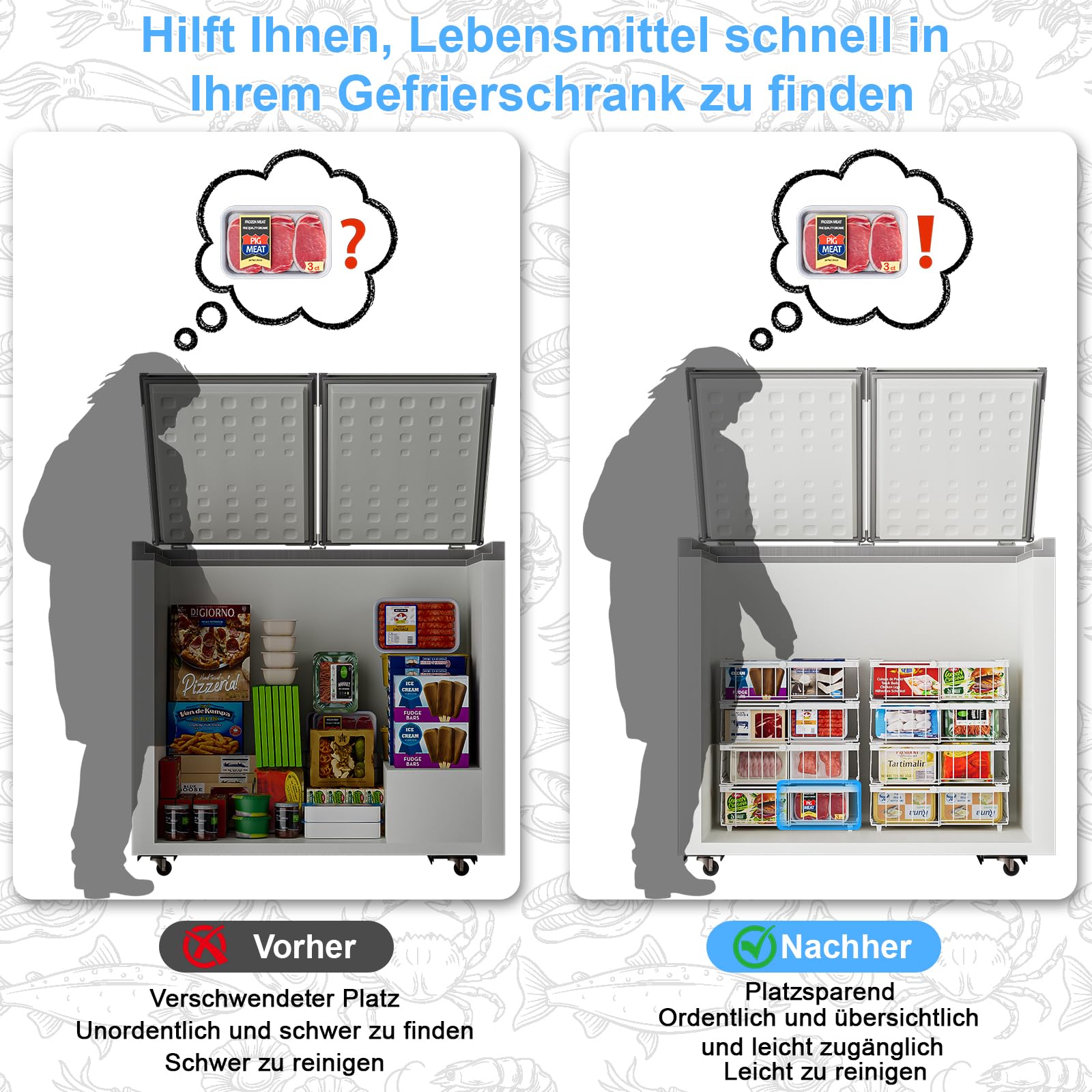 4er Gefrierkörbe Erweiterbare Gefrierschrank Organizer Stapelbar Aufbewahrungskorb Metall Mit Griffen 140L-570L Ausziehbare Länge 29-45.5x30.5x15cm Weiß
