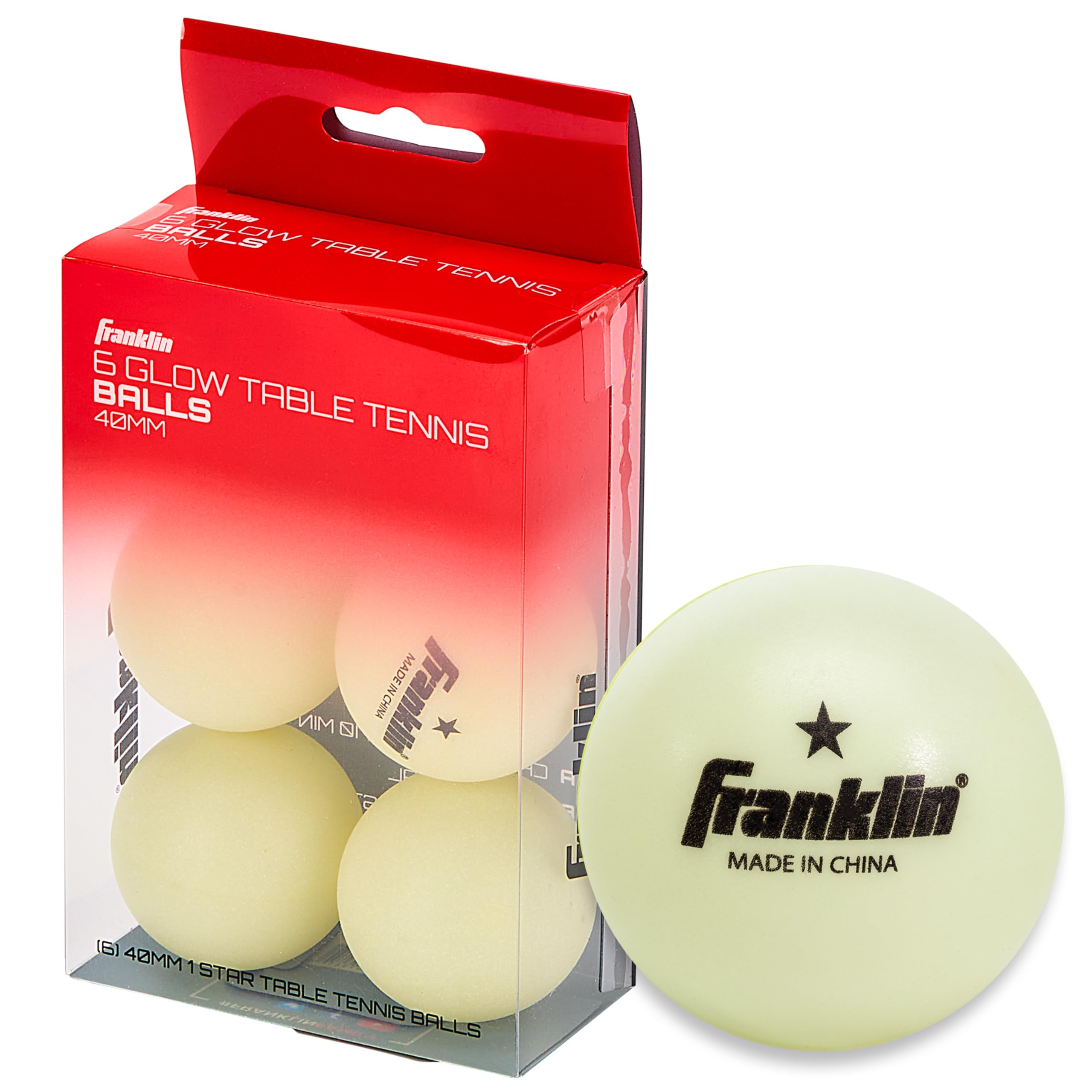 Franklin Sports Glow in The Dark Ping Pong Balls - Official Size + Weight 40mm Table Tennis Balls - One Star Glow in The Dark Ping Pong - Durable High Performance - Green - 6 Pack