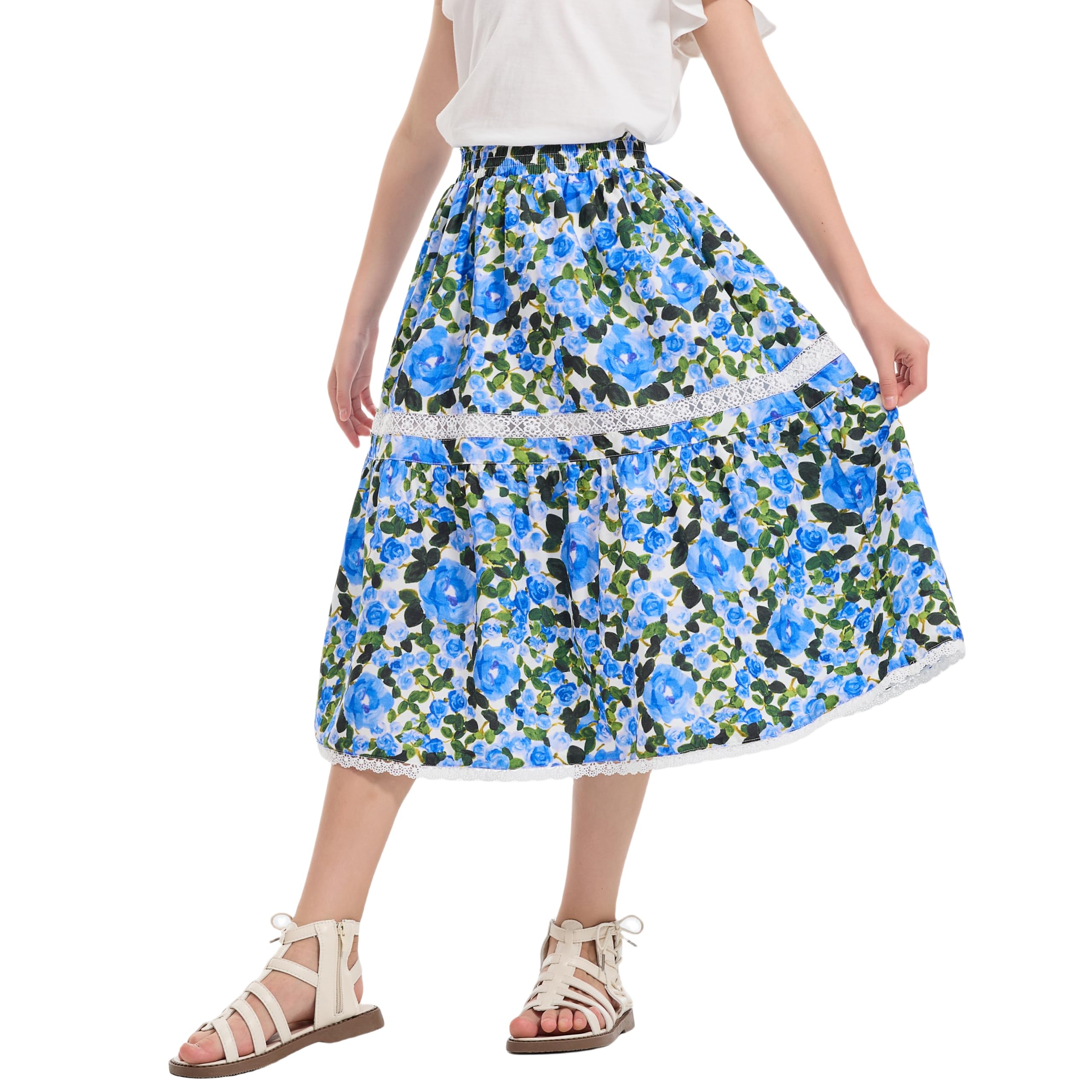 Rolanko Jupe Longue Floral pour Filles, Taille Haute Élastique Ourlet à Volants Boho Robe Longue Fluide en A