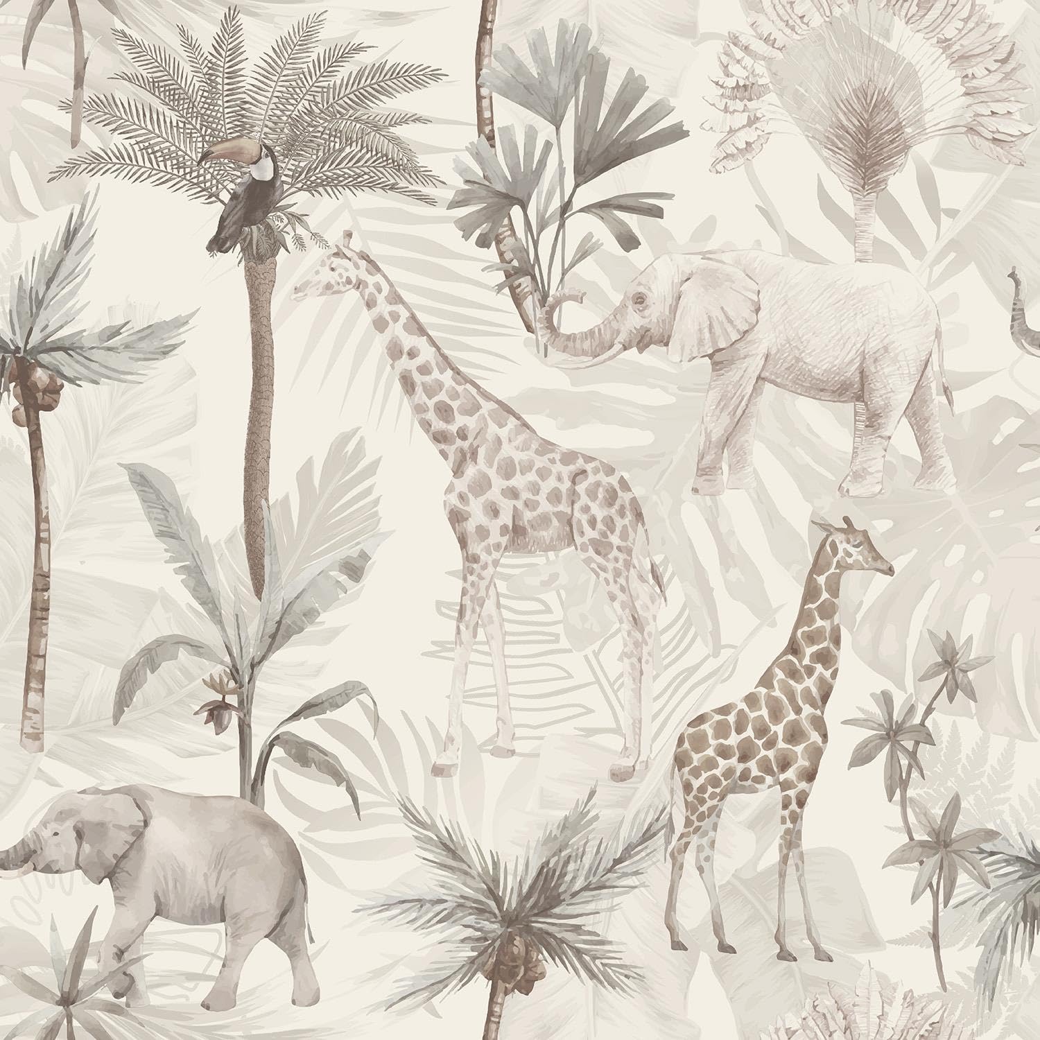 Serengeti Neutral Wallpaper - Animal Print Giraffe Elephant Toucan Palm Trees Naturistic - Trendy Feature Wall