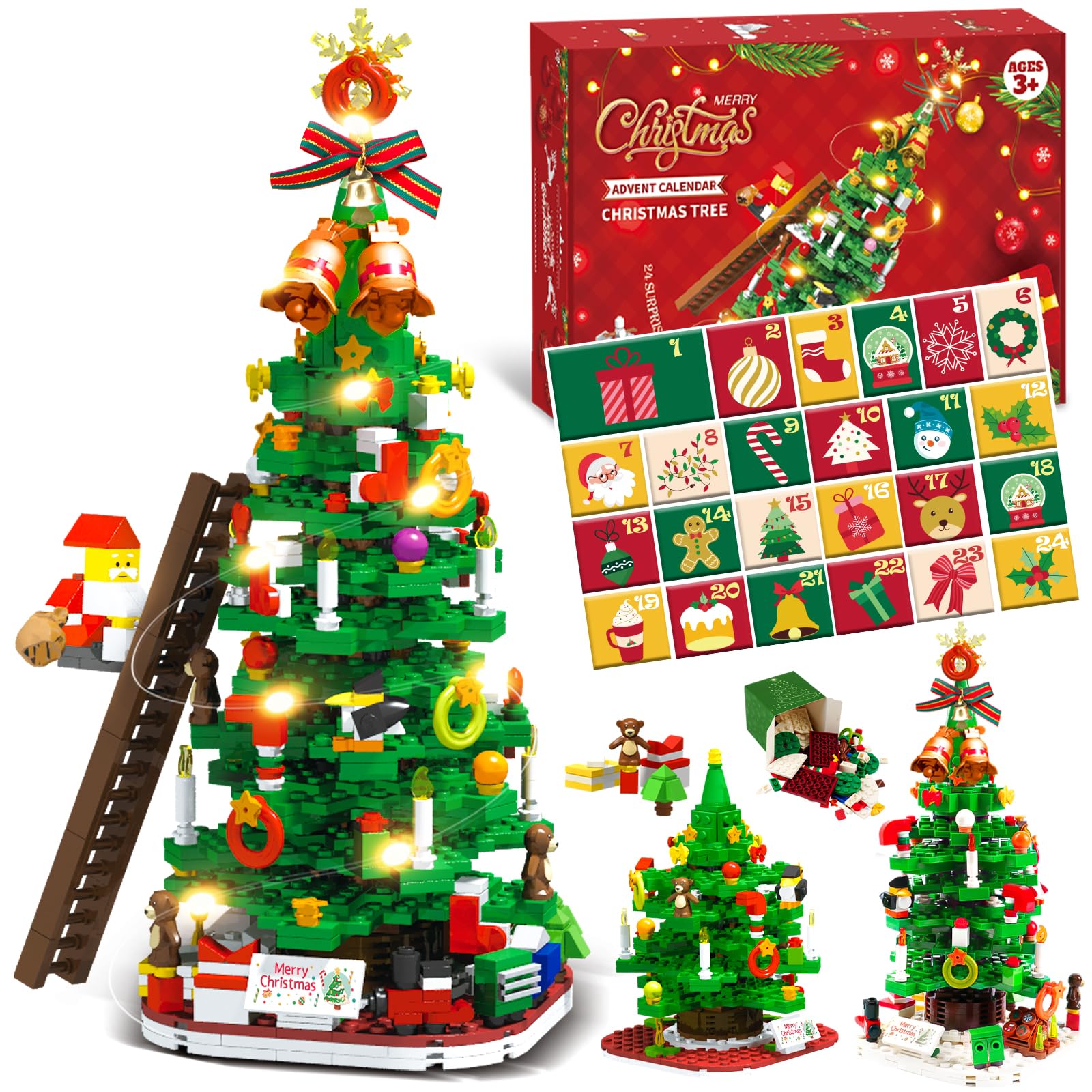 Calendario dell'Avvento 2025 & Decorazione Natalizia Fai da Te, 24 Mattoncini Albero di Natale con Lucine - Conto alla Rovescia Creativo per Bambini e Famiglia
