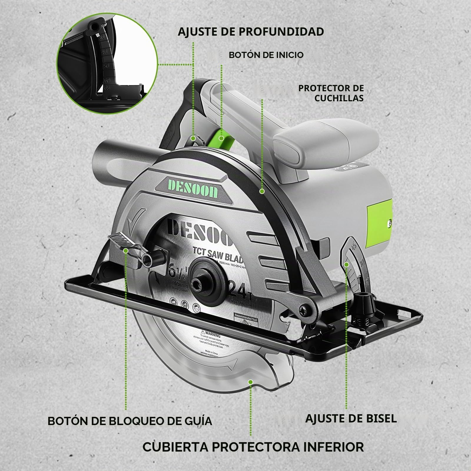 DESOON Sierra Circular de 1200 W, 4800 RPM, Incluye una Regla Guía y 2 Hojas de Sierra (165 mm, 24T y 40T), Profundidad de Corte de 55 mm (90°) y 33 mm (45°), para Corte de Madera