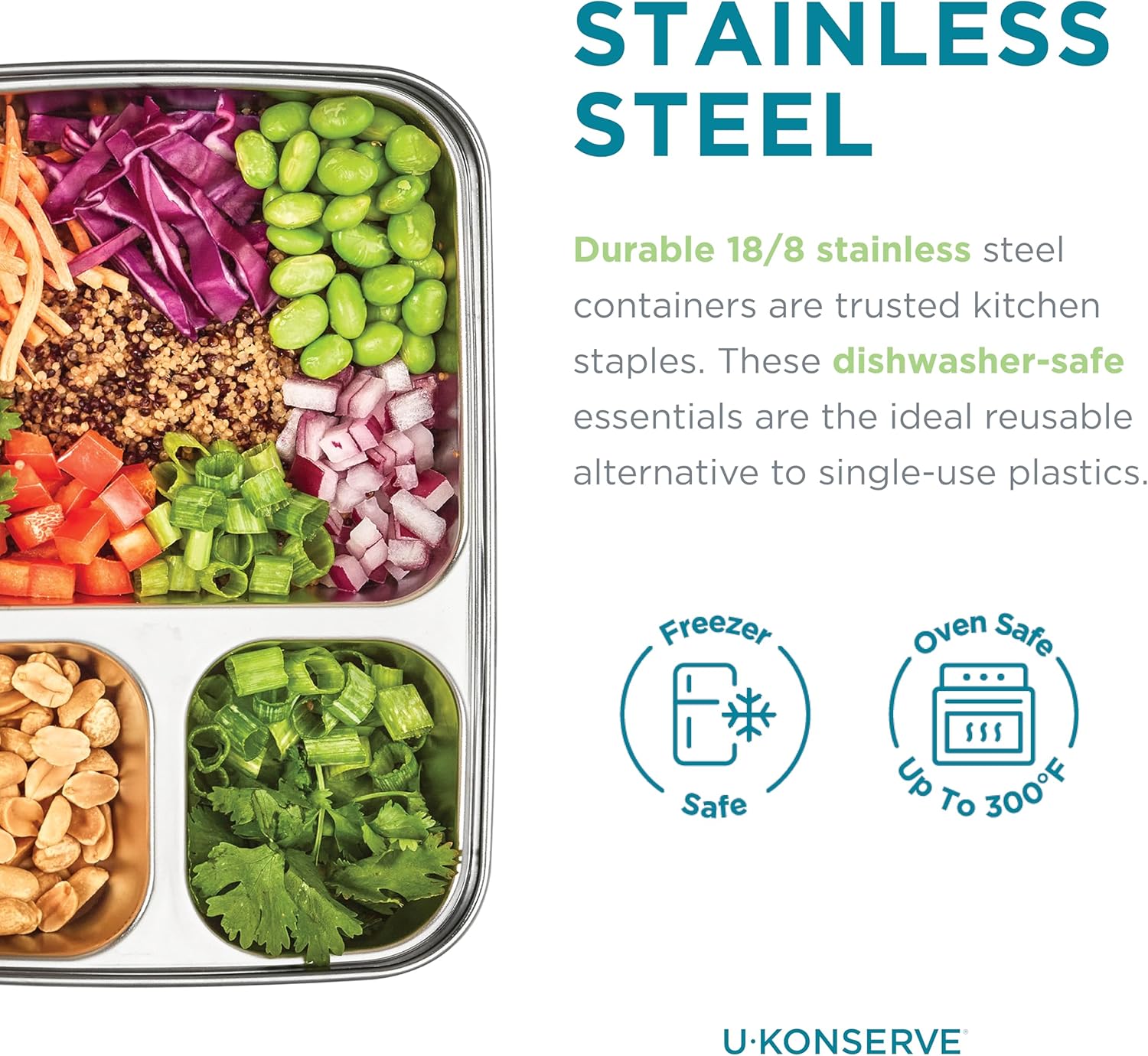 U Konserve Stainless Steel Rectangle Divided 3 Section Food Storage Bento Box Container, Leak Proof Silicone Lid Dishwasher Safe - Plastic Free, (24oz Clear) - Image 4