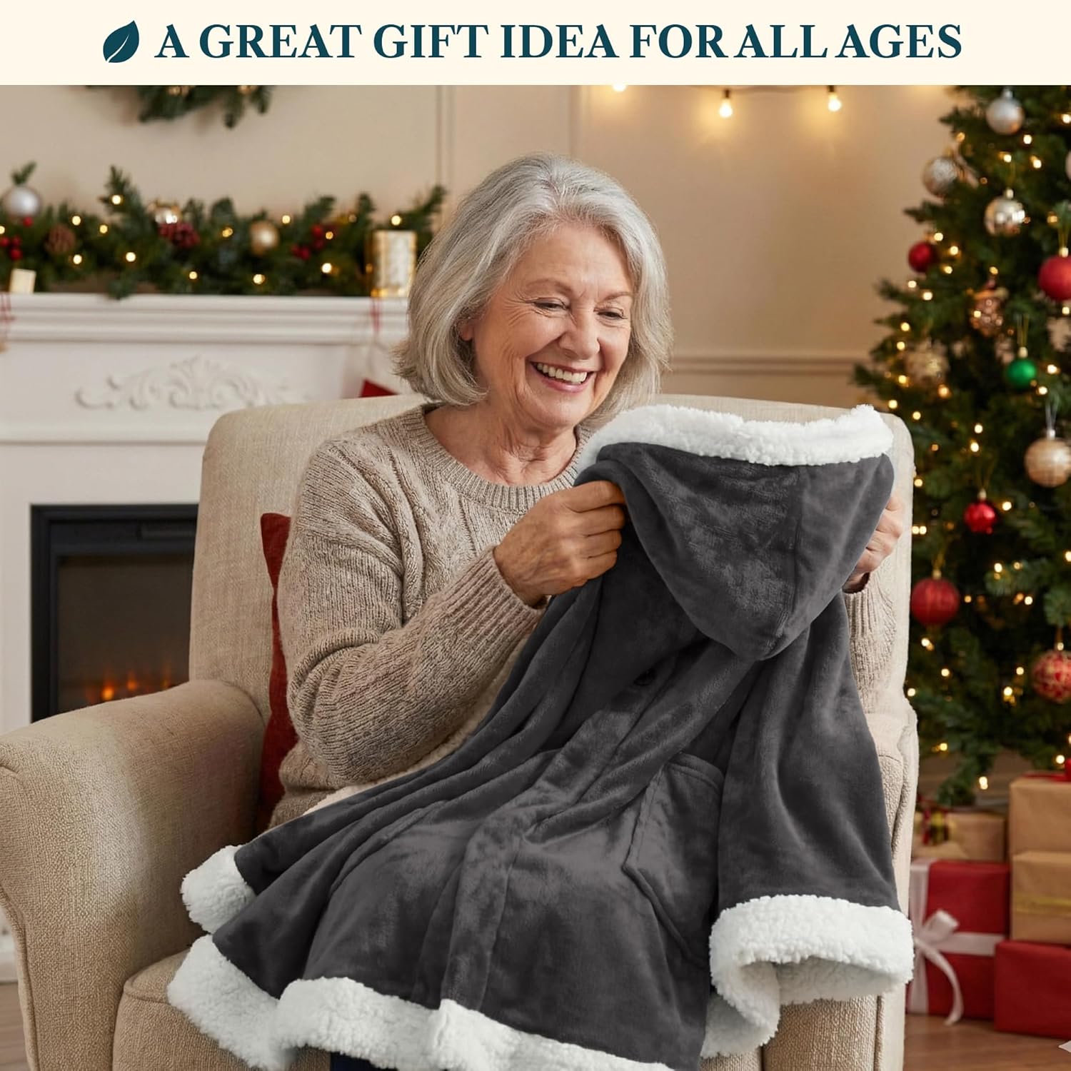 PAVILIA Wearable Blanket for Adult Women, Cozy Plush Fleece Blanket Poncho Cape with Hood, Super Soft Shawl, Angel Wrap Throw for Office, Dark Gray - Image 6