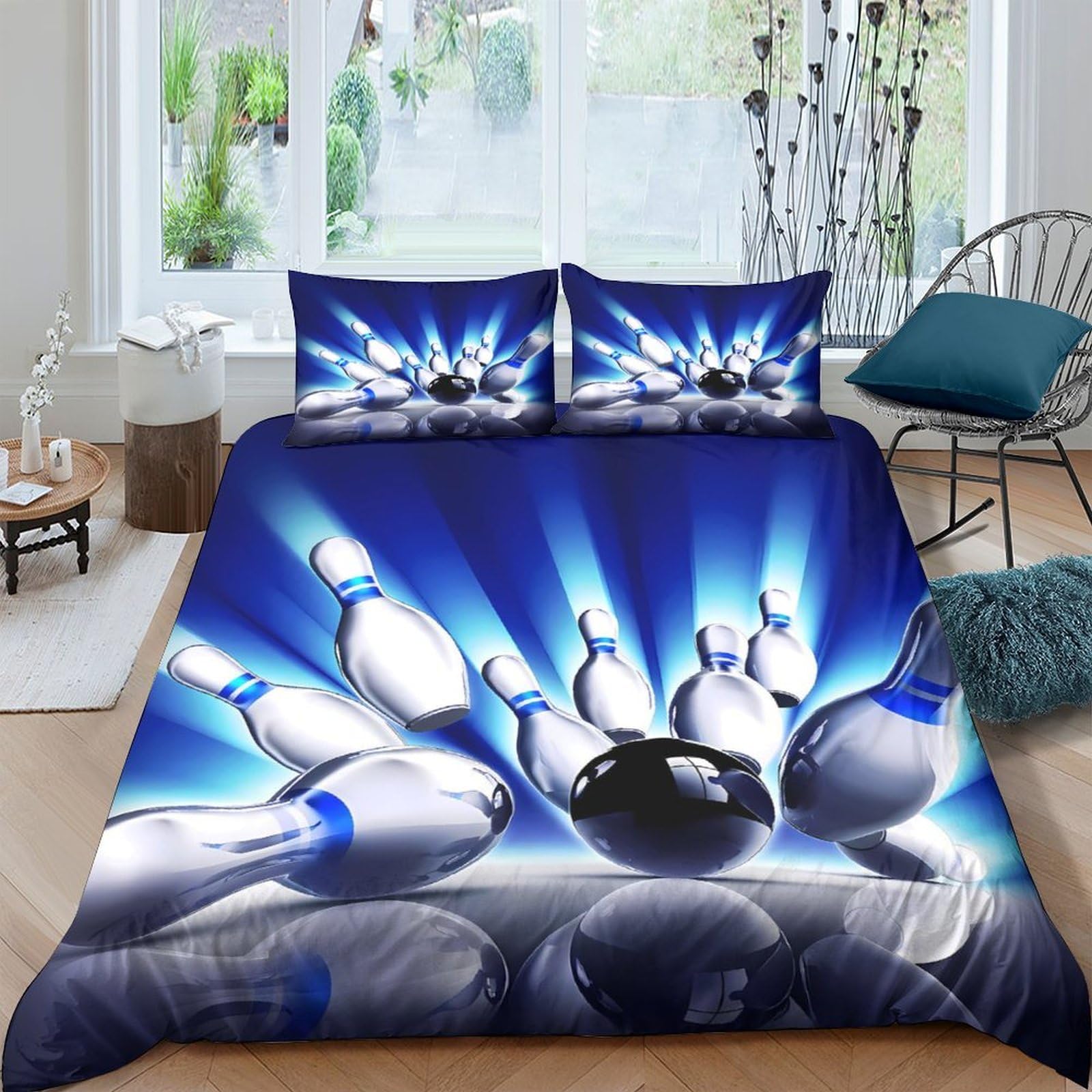 Ctjqhvkz Style-6 3D Printed Bowling Strike Fitted Sheet Microfiber Blue Black Ball Bed Cover Anti-Slip Machine Washable Bedroom Decor Single（135X200cm）