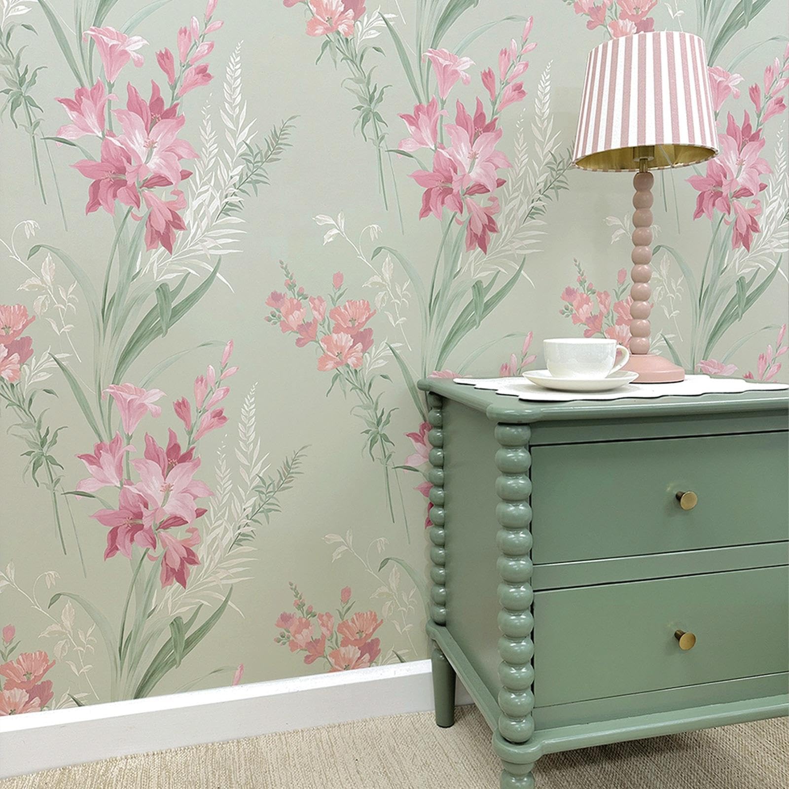 Sage Green Floral Wallpaper Pink Tranquil Garden Landscapes Feature Wall Smooth