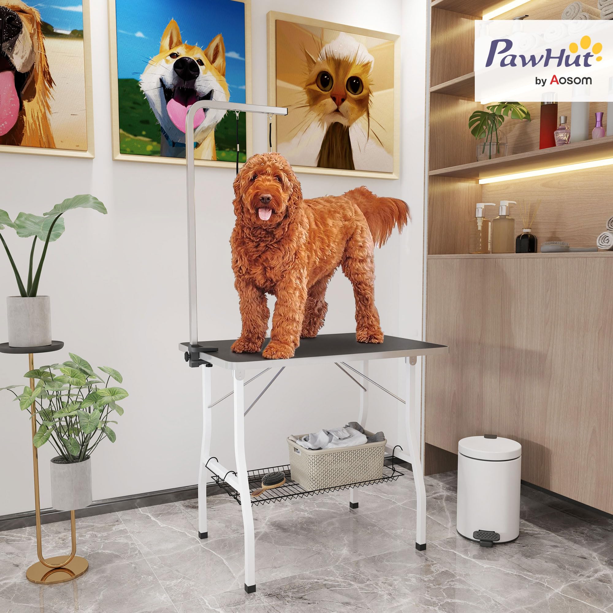 PawHut Table de toilettage pour Chien Pliante 90x60x76cm, Stable - Plateau antidérapant Caoutchouc, 2 Sangles - Potence réglable INOX et Panier - Station d'entretien pour Petits/Moyens Chiens, Noir