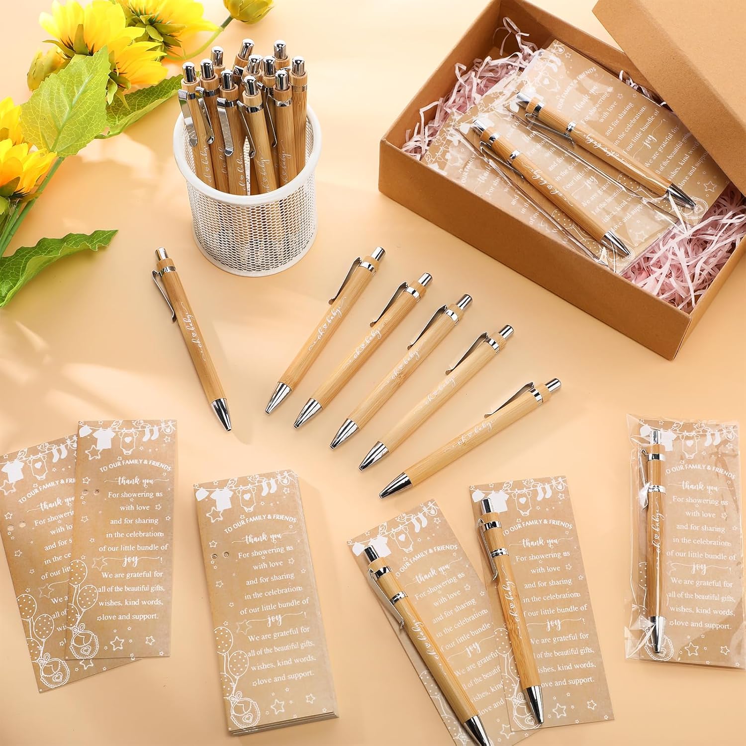 Zhanmai 50 Set Rustic Baby Shower Pens Favors Return Gifts for Guests Include 50 Bamboo Ballpoint Pens 50 Thank You Cards Baby Shower Thank You Gifts Game Prizes Gender Reveal Party Supplies