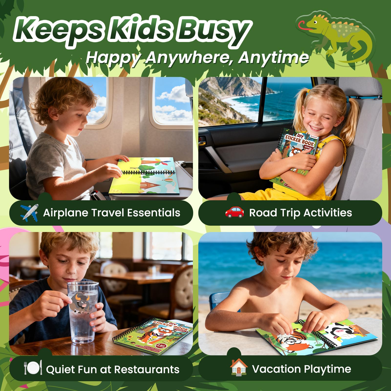 Libro de calcomanías reutilizable de animales para niños pequeños, calcomanías de gelatina divertidas para hacer una cara, calcomanías lavables y hinchadas para niños, juguetes para niños, viajes en