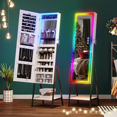 Miniatura 8 de HNEBC Armario de joyería con espejo LED RGB, organizador de joyas de pie de longitud completa con almacenamiento, espejo de joyería con cerradura
