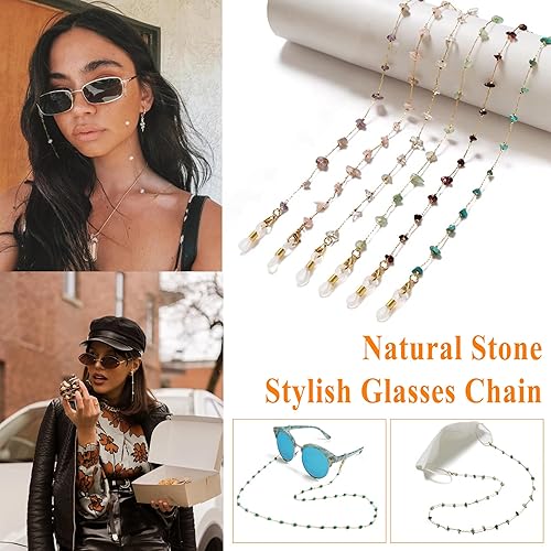 Miniatura 6 de Cadena de lentes para mujer, soporte para lentes alrededor del cuello, correa de cristal natural, cadenas para lentes de sol para mujer