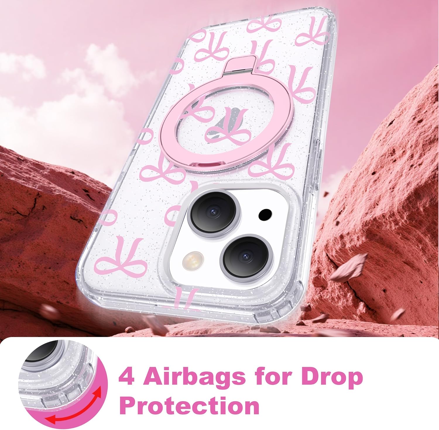 Compatible with iPhone 15 Plus Case Bow Pattern with Magnetic Ring Stand [Compatible with Mag-Safe] TPU Protective Phone Case for Women Girl, Clear Pink - Image 8