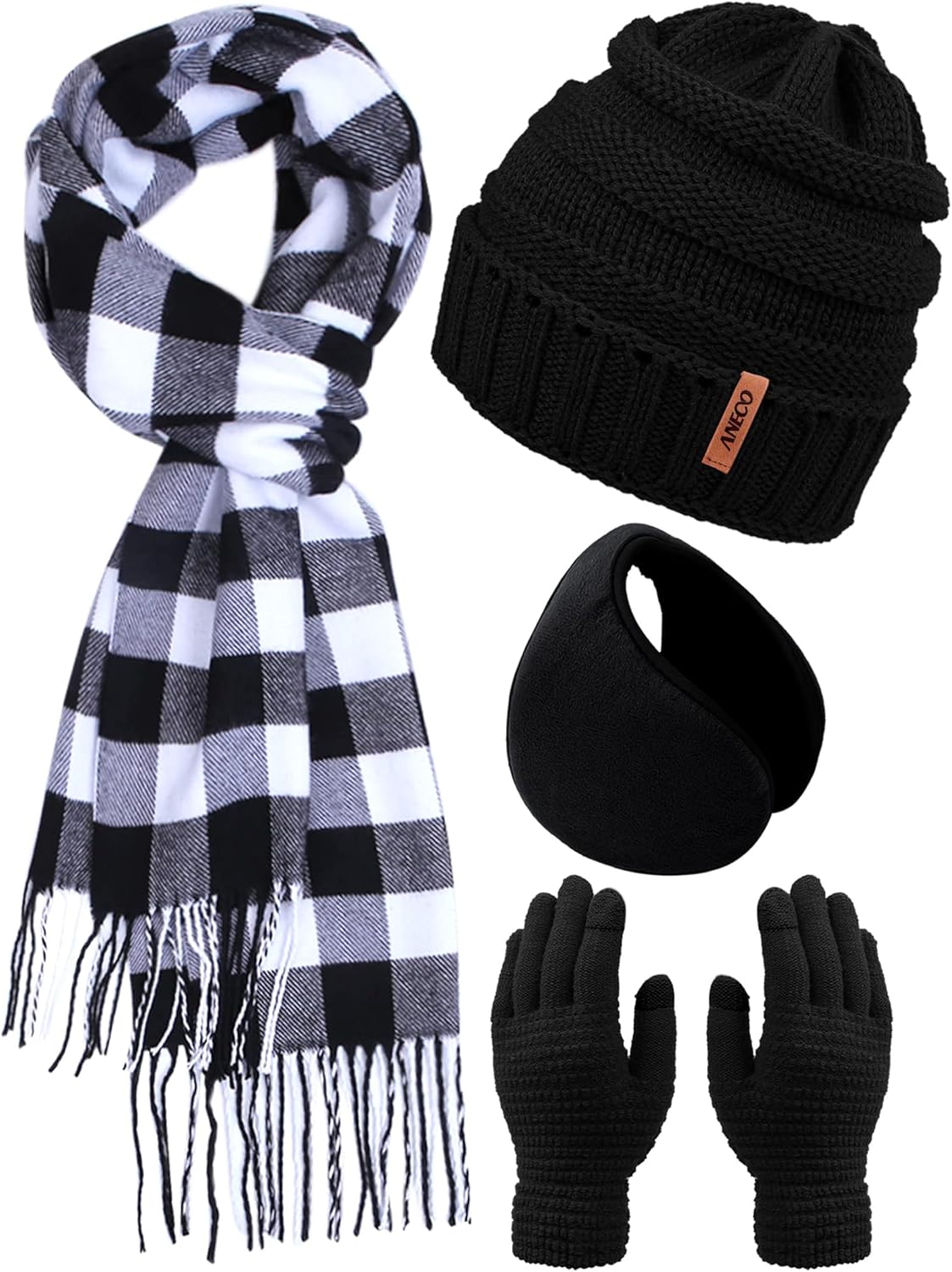 Aneco Winter Warm Knitted Sets Buffalo Plaid Scarf Beanie Hat Touch Screen Gloves and Winter Ear Warmer Set for Men or Women