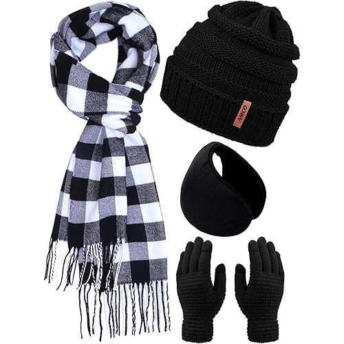 Aneco Winter Warm Knitted Sets Buffalo Plaid Scarf Beanie Hat Touch Screen Gloves and Winter Ear Warmer Set for Men or Women