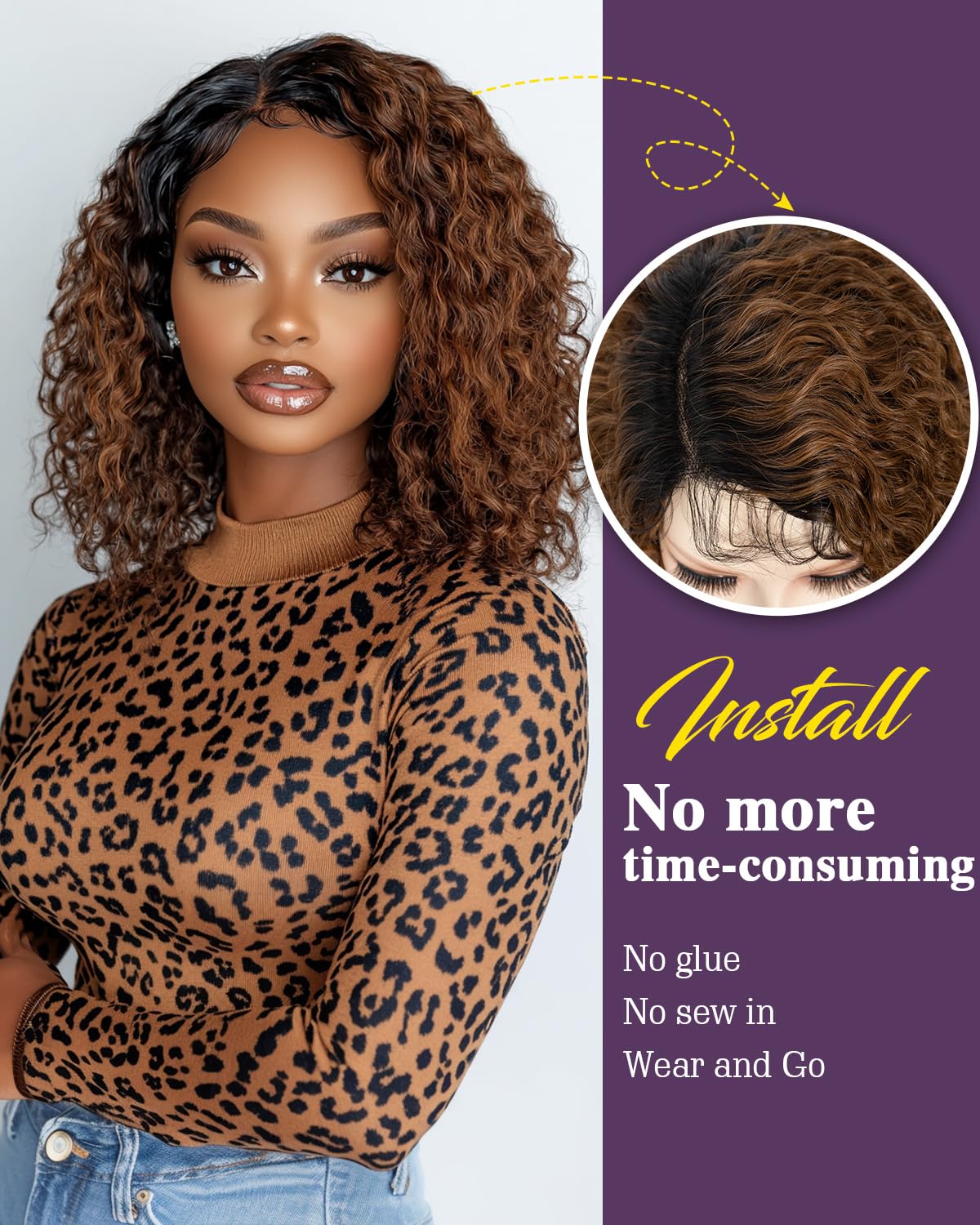 FASHION IDOL Short Curly Bob Human Hair Wig Precut Preplucked Glueless Wear and Go C-Type Part Lace Wig 200% Density Upgraded Invisible Secret Glueless Human Hair Ready to Wear Wigs - Image 3