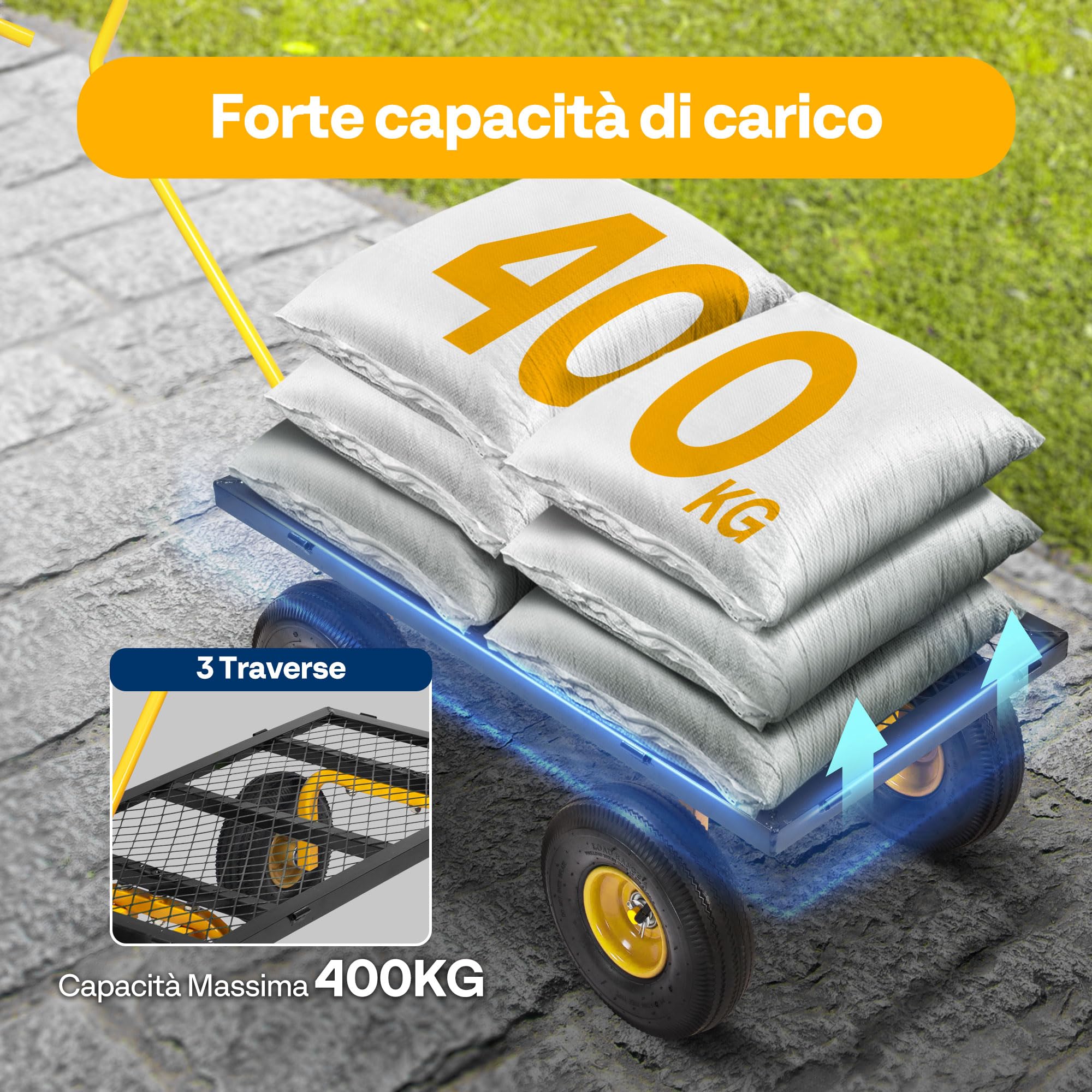 VIVOHOME Carrello da Giardino in Rete d'Acciaio Resistente Portata Fino a 400kg, Carretto con Ruote Grandi per Campeggio Giardinaggio Rimorchio Nero