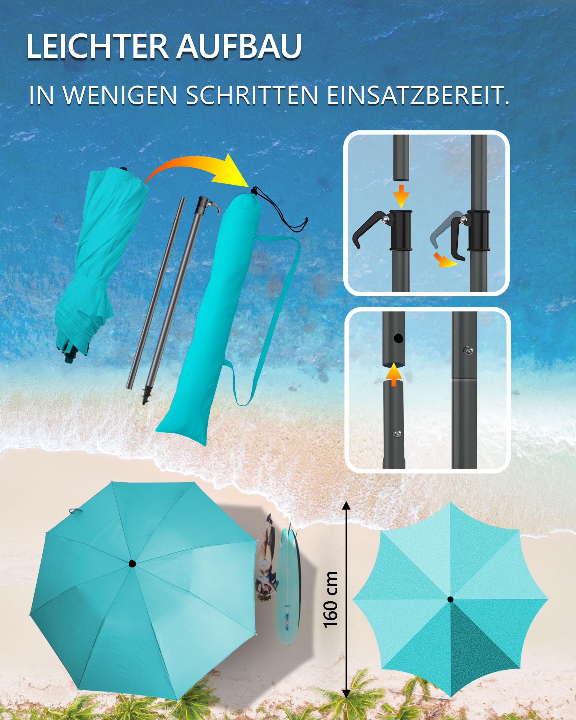 4smile Sonnenschirm Strand Ø 160 cm, UPF 50+, Fb. Türkis | Praktischer Reise Sonnenschirm für Koffer - Funktioneller Strandschirm klein faltbar, kompakter Strandschirm koffertauglich