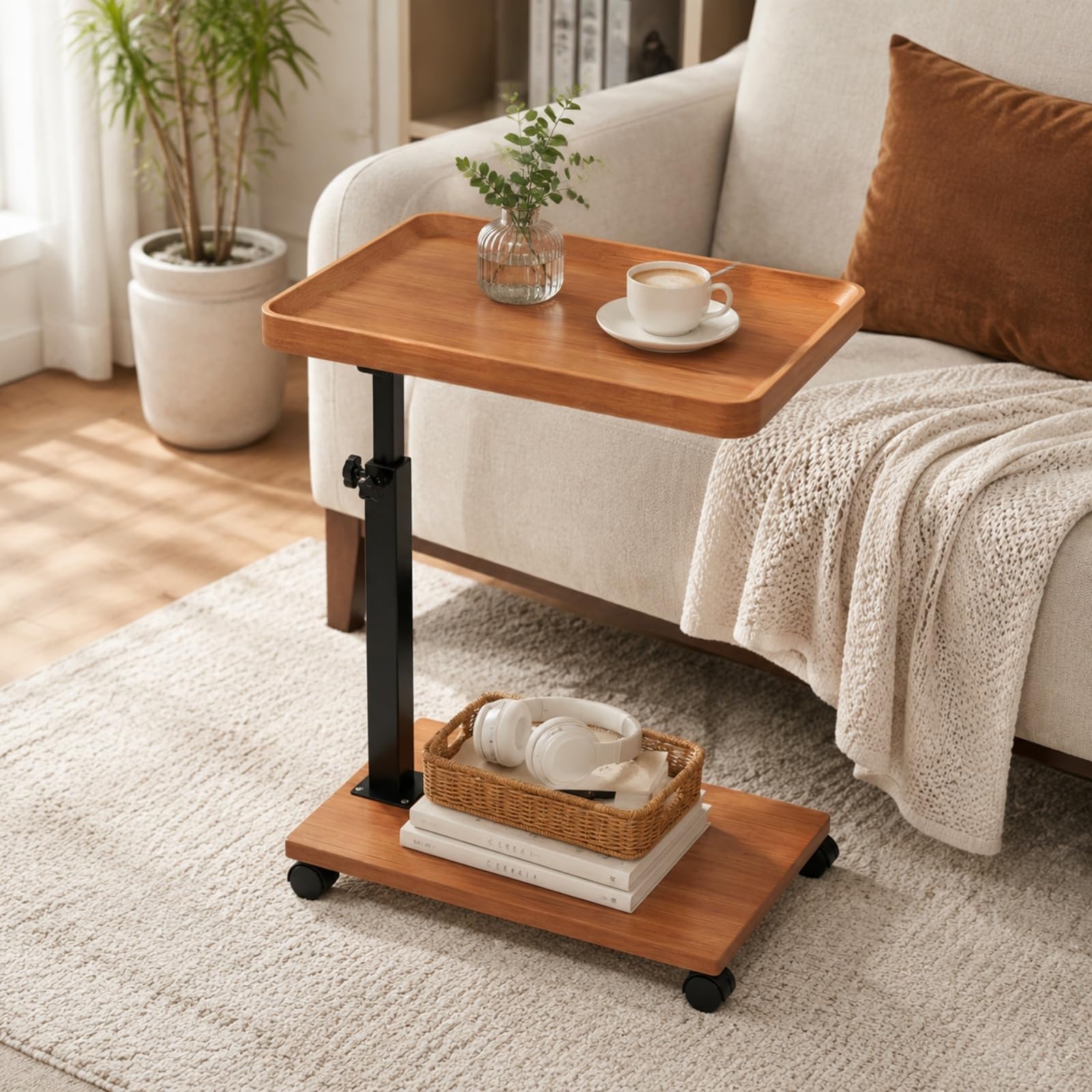 Tavolino Regolabile,Tavolino con Rotelle e Ruote Scorrevoli | Regolabile Altezza,Piano d'Appoggio Spazioso,Facile Spostare,Design Moderno per Spazi Ridotti(Natural,Round)
