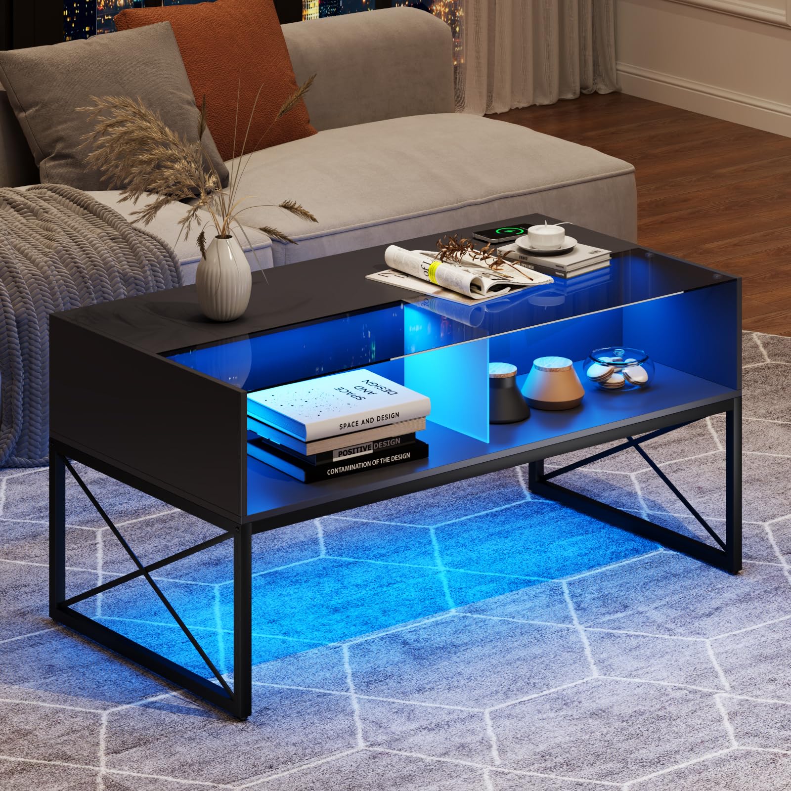 Glass Coffee Tables for Living Room, Grey Mid Century