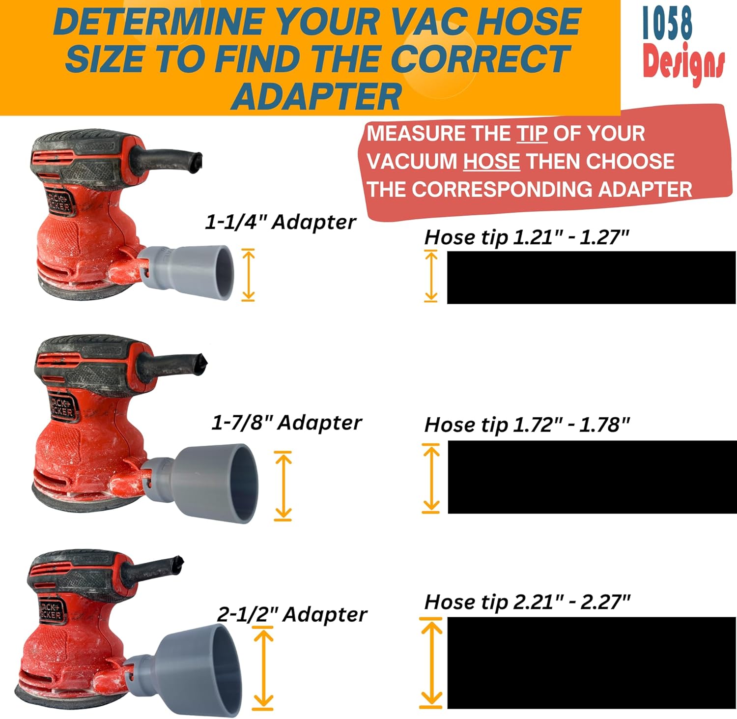 Vacuum Hose Adapter compatible with BLACK+DECKER 5-inch Random Orbit Sander BDERO100 BDERO600 BDERO200AEV BDEQS300 and 1-1/4 inch Wet Dry Shop Vac Hose Dust Reducer Collector