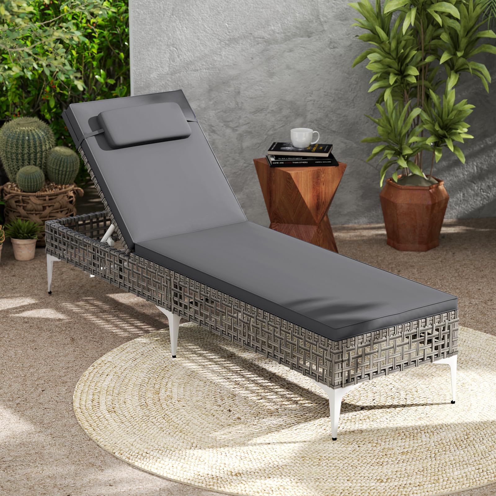 COSTWAY Sdraio Giardino Rattan, Lettino Prendisole con Schienale Regolabile 6 Livelli, Cuscino e Poggiatesta Removibili Incluso, Portata 180 kg, Ideale per Piscina e Terrazza