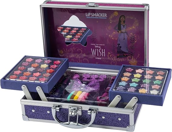 Lip Smacker Disney Wish Makeup Traincase, Disney Makeup Case for Kids, 50+ Pieces Makeup for Face, Lips, and Nails with Beauty Accessories for Hair and Makeup Included