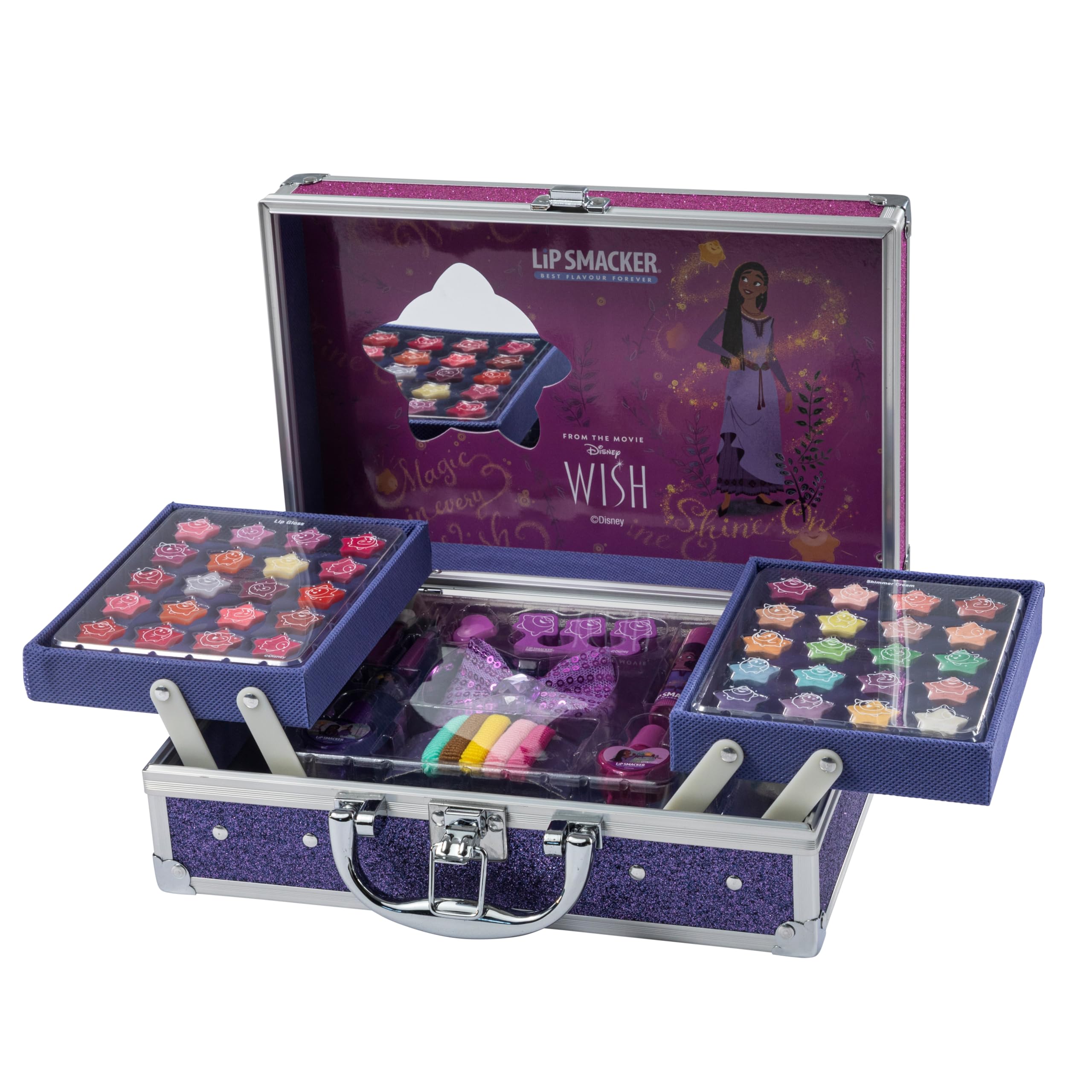 Lip Smacker Disney Wish Makeup Traincase, kuferek na kosmetyki dla dzieci, 50+ produktów do makijażu twarzy, ust i paznokci, w zestawie akcesoria kosmetyczne do włosów i makijażu