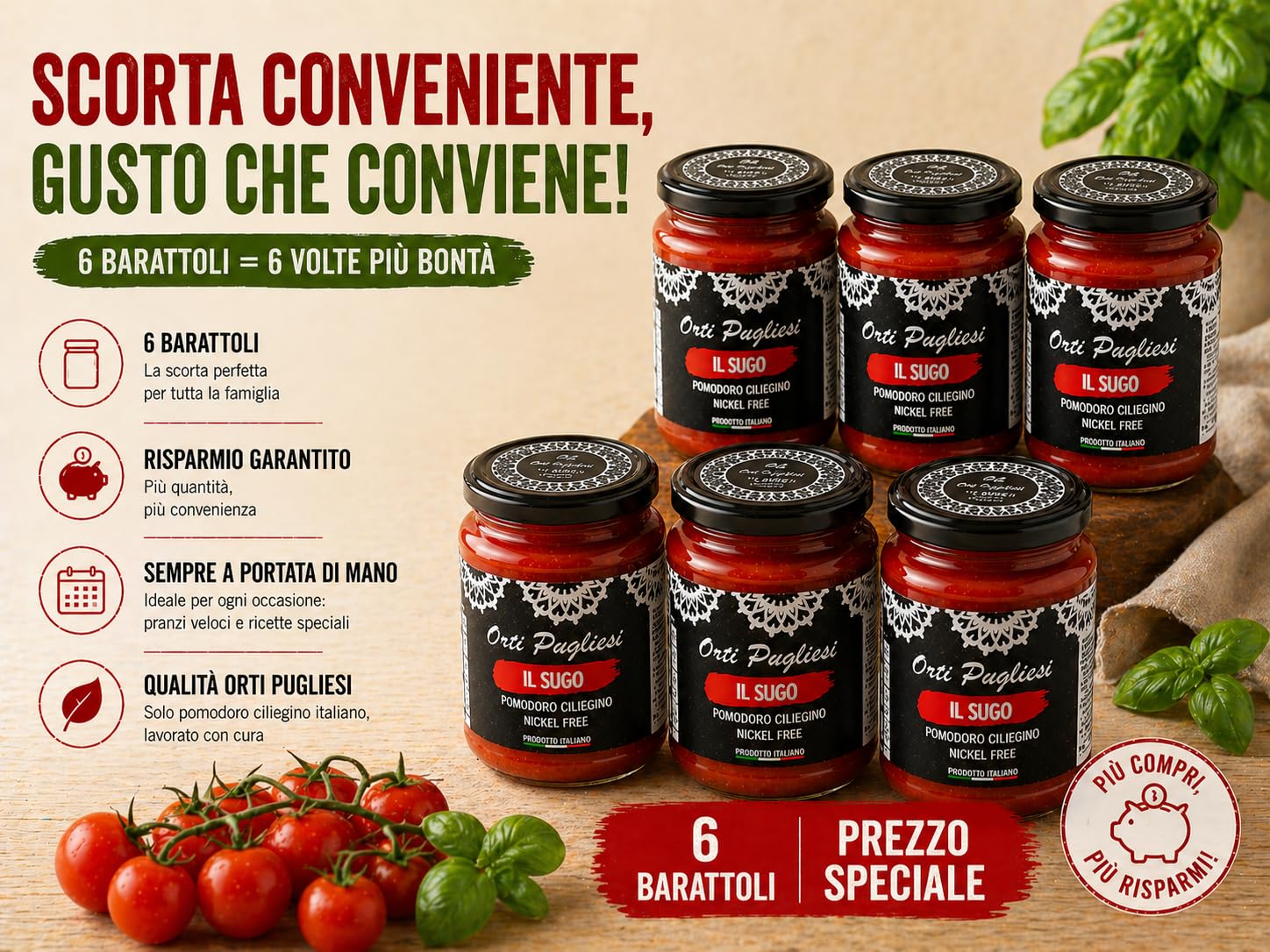 Il Sugo di Pomodoro Nickel Free, Orti pugliesi, Pomodori Ciliegini Senza Nickel 100% Italiani, Box da 6x280gr barattoli di vetro