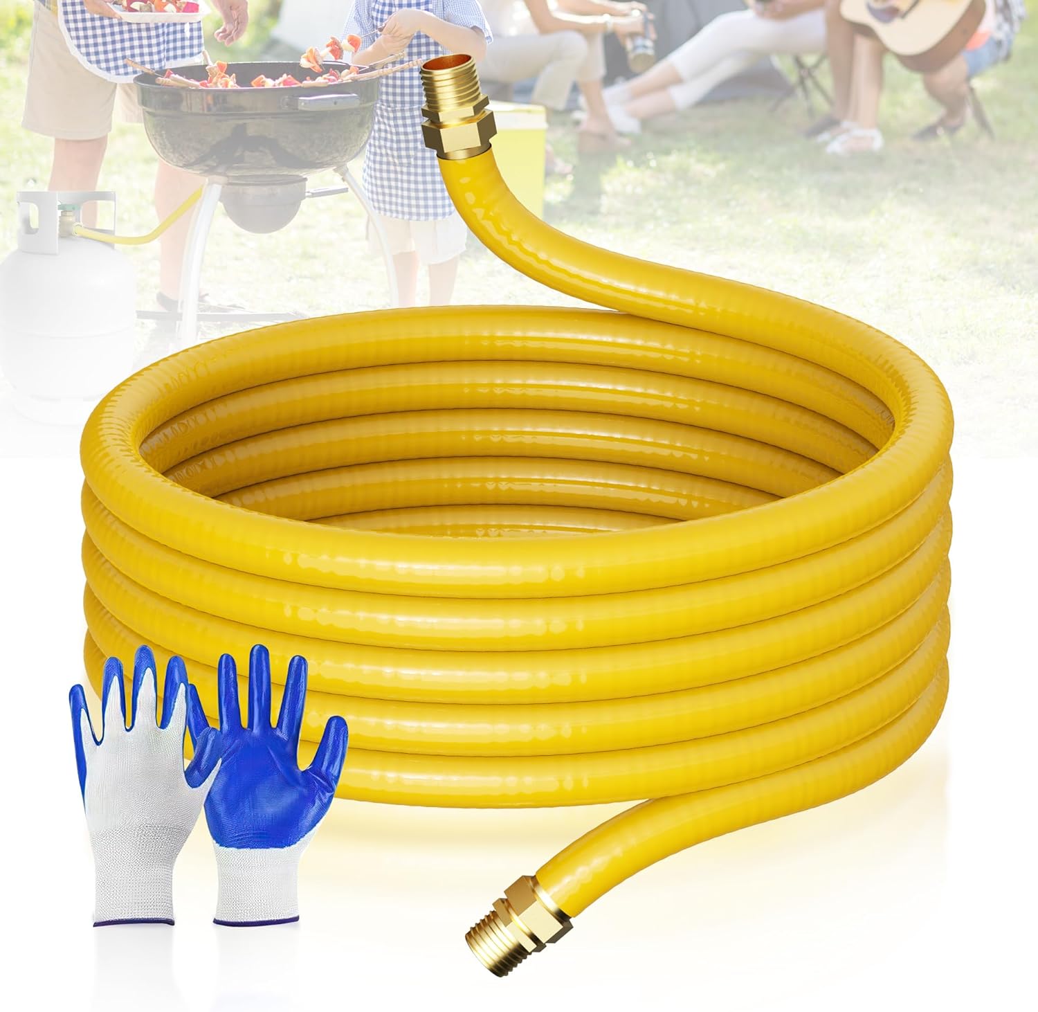 Flexible Natural Gas Line Hose | Corrugated Stainless Steel Tubing | 2PCS Brass NPT Male Quick-Connect Adapters | CSST Underground & Propane Conversion Kit for Outdoor Grills (37Ft 1/2'')