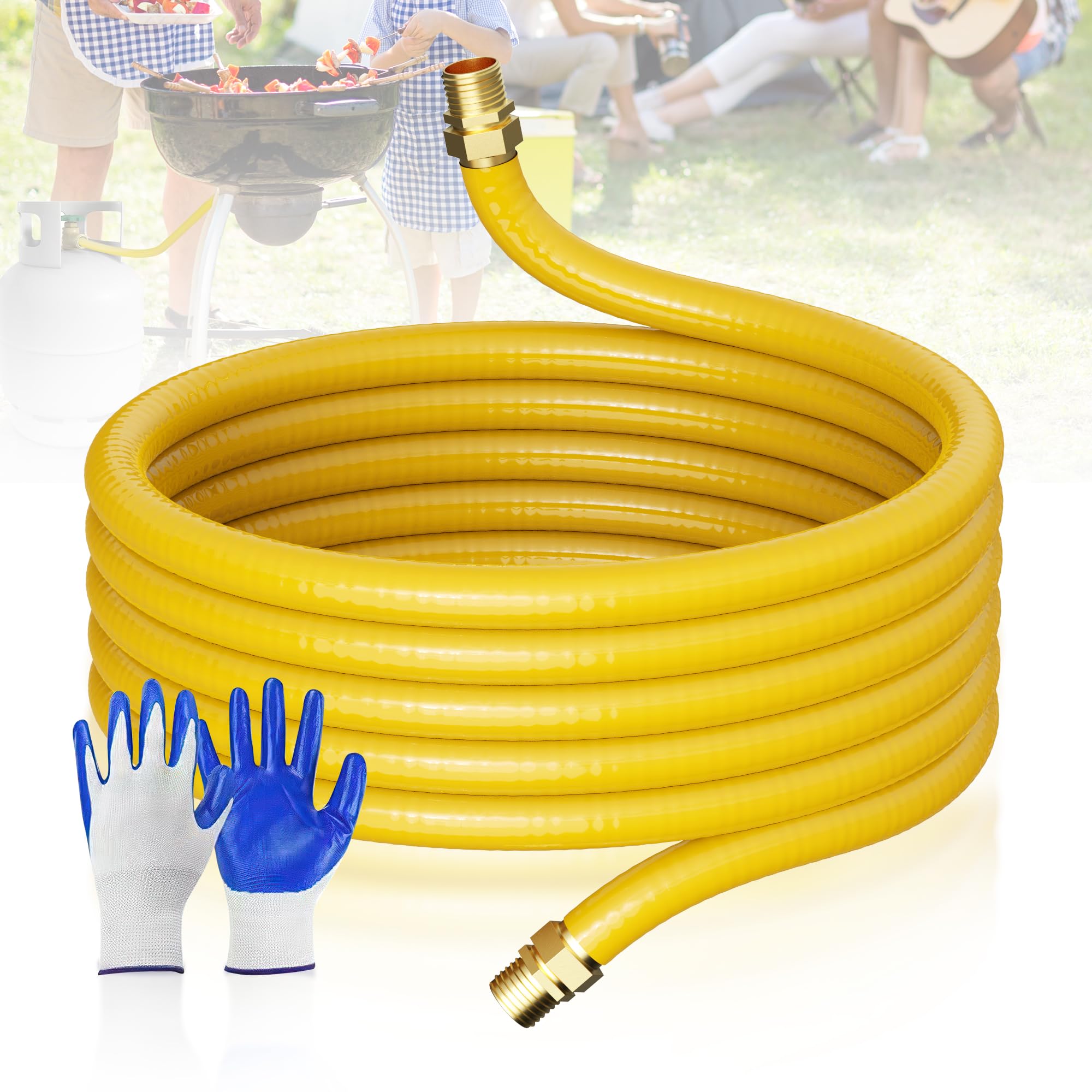 Flexible Natural Gas Line Hose | Corrugated Stainless Steel Tubing | 2PCS Brass NPT Male Quick-Connect Adapters | CSST Underground & Propane Conversion Kit for Outdoor Grills (37Ft 3/4'')