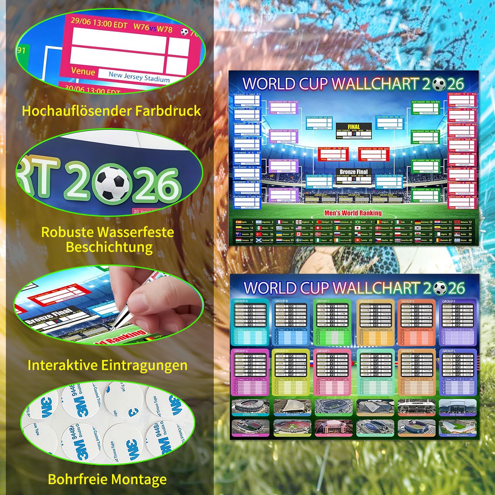 KLINNA Juego de 2 pósteres 87 x 58 cm Calendario Mundial 2026 Planificador de Pared Gran Formato