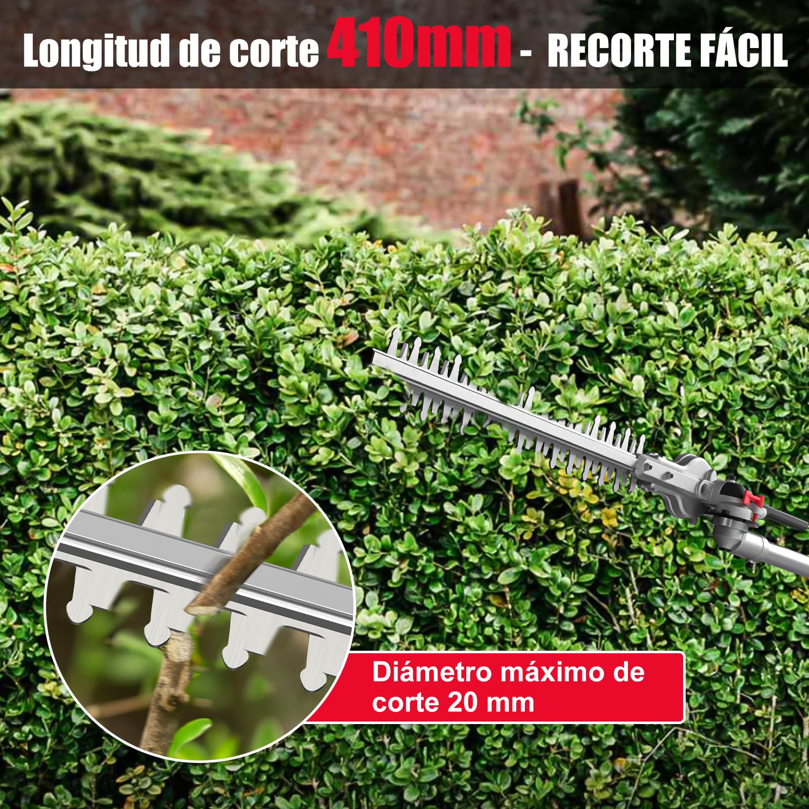 HYCHIKA Cortasetos Electrico Telescopico 900W, Cortasetos Telescopico, Extensible 200-250 cm, Cabezal Pivotante +90°~-45°, Doble Interruptor y Doble Asa, para Podar Césped, Arbustos y Setos