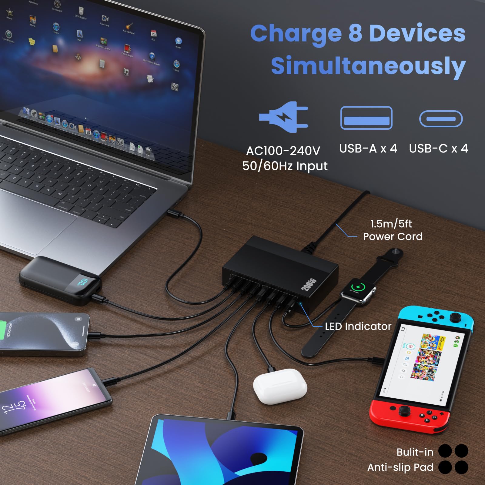 Caricatore USB C Multiplo 200W, 8 Porte Alimentatore GaN III 65W Stazione di Ricarica Rapida, Caricatore Tipo C da Parete con 4 PD Tipo-C & 4 QC USB-A per iPhone, Laptop, MacBook Pro, iPad, Samsung