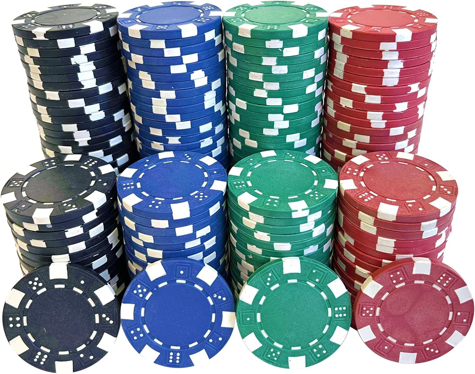 SEETOOOGAMES 200 Pieces 11.5g Clay Composite Dice Striped Casino Poker Chips- 4 Colors (red, Green, Black and Blue)