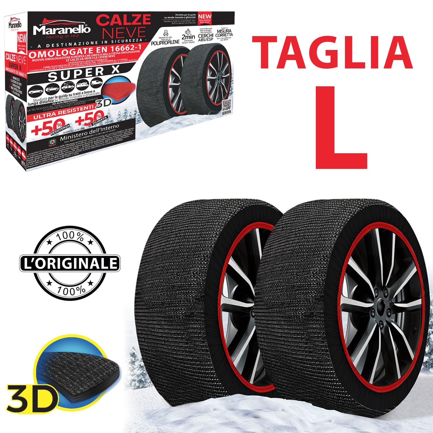 Generico Coppia di Calze da Neve Maranello Super X Omologate EN 16662-1, per Auto, SUV, 4x4, Camper/Caravan, Veicoli Commerciali. Extra Resistenti con Tecnologia di Tessuto 3D (L)