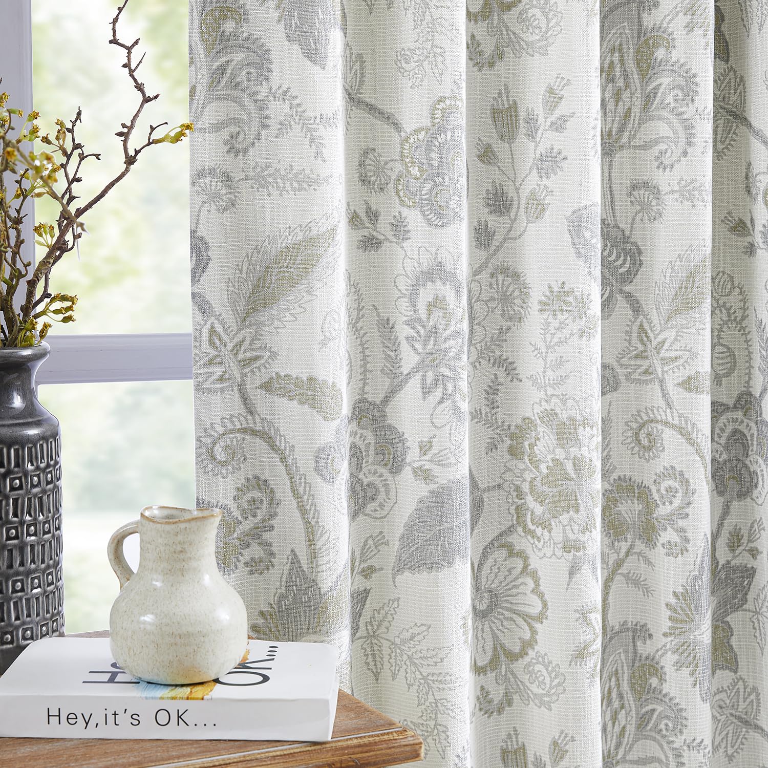 Photo 1 of Kayne Studio Botanical Print Blackout Curtains Linen Grey Floral Leaf Farmhouse Drapes Energy Efficient Light Blocking Window Treatments for Living Room Bedroom Pinch Pleated Back Tab,40"x84",2 Panels