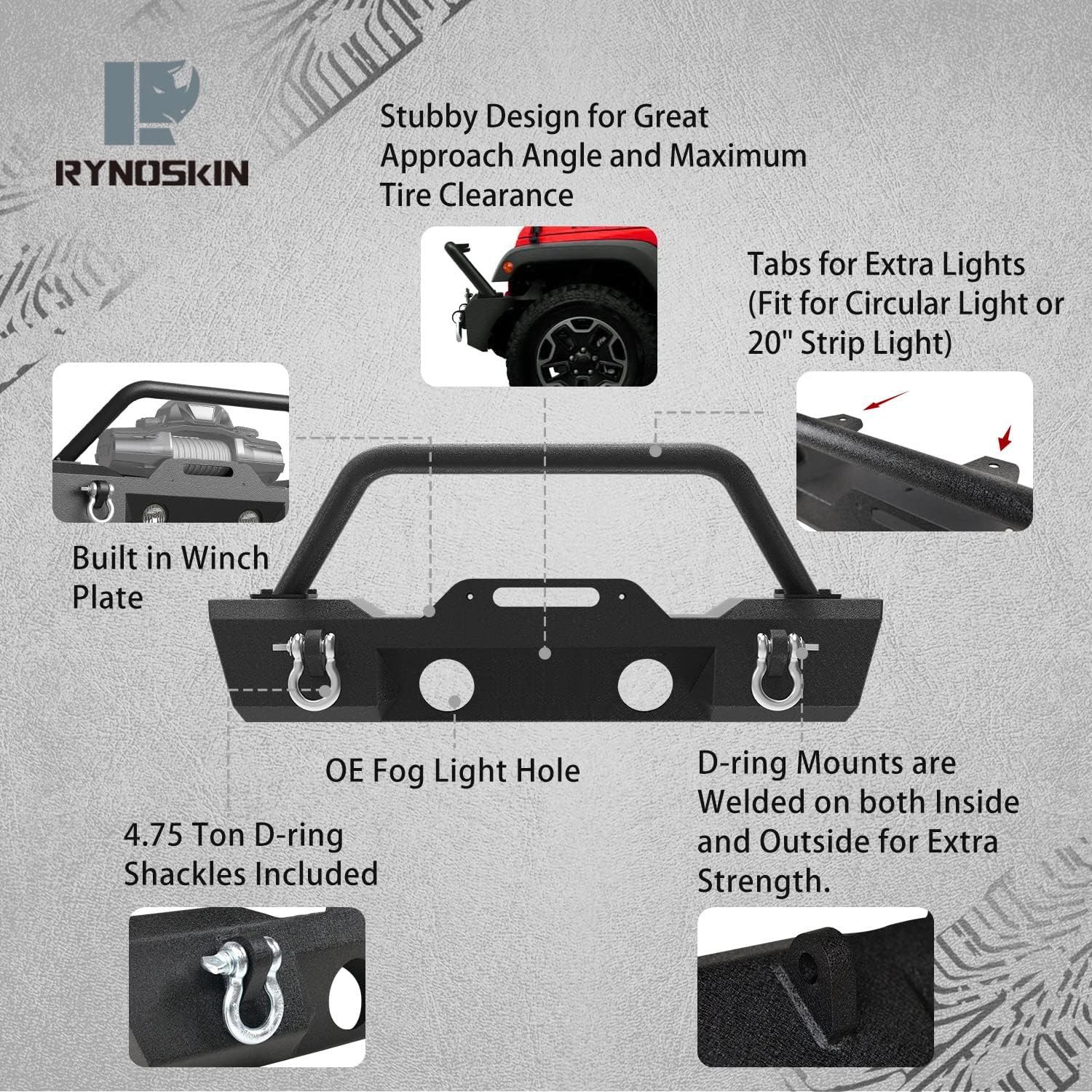 RYNOSKIN Stubby Front Bumper Fit 2007-2018 Jeep Wrangler JK | 2018-2026Jeep Wrangler JL (Exclude Rubicon / 2021-2024 V8 engine) | 2020-2026 Jeep Gladiator with Fog Light Housing & D-rings