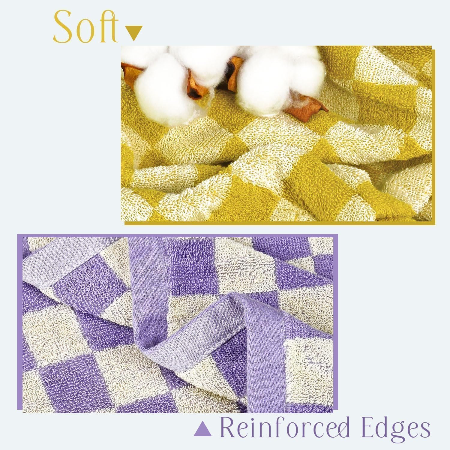 Jacquotha Checkered Bath Towel Set in Yellow and Lilac, Soft Large Shower Towels Bathroom 2 Pack 55” x 27.5”, Thin Quick Drying for Beach Pool Swim