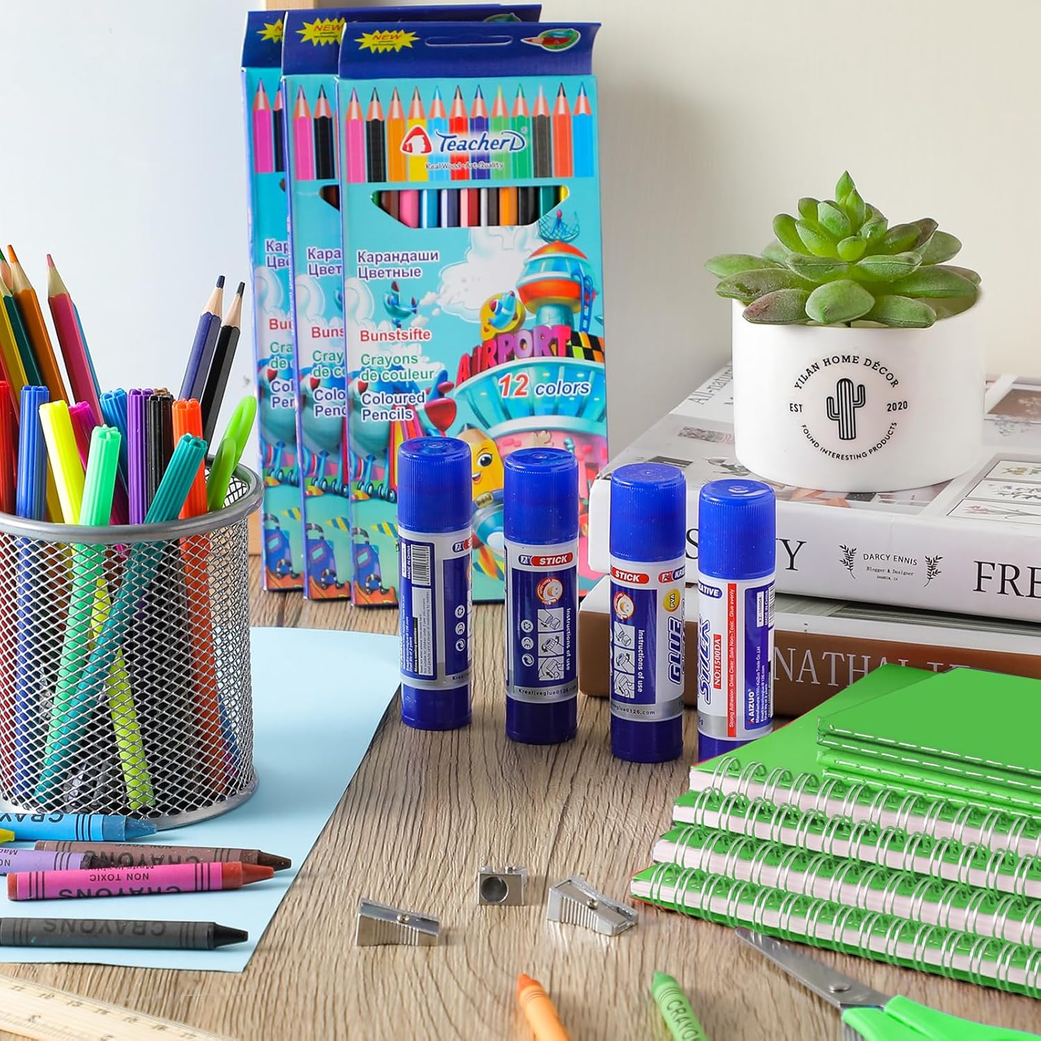 Geyoga 204 Pcs School Supplies for Kids Bulk Back to School Supply Kit School Essential Include Notebook Crayon HB Pencil Color Pencil Watercolor Pen Scissor Sharpener Solid Glue Ruler (Green)