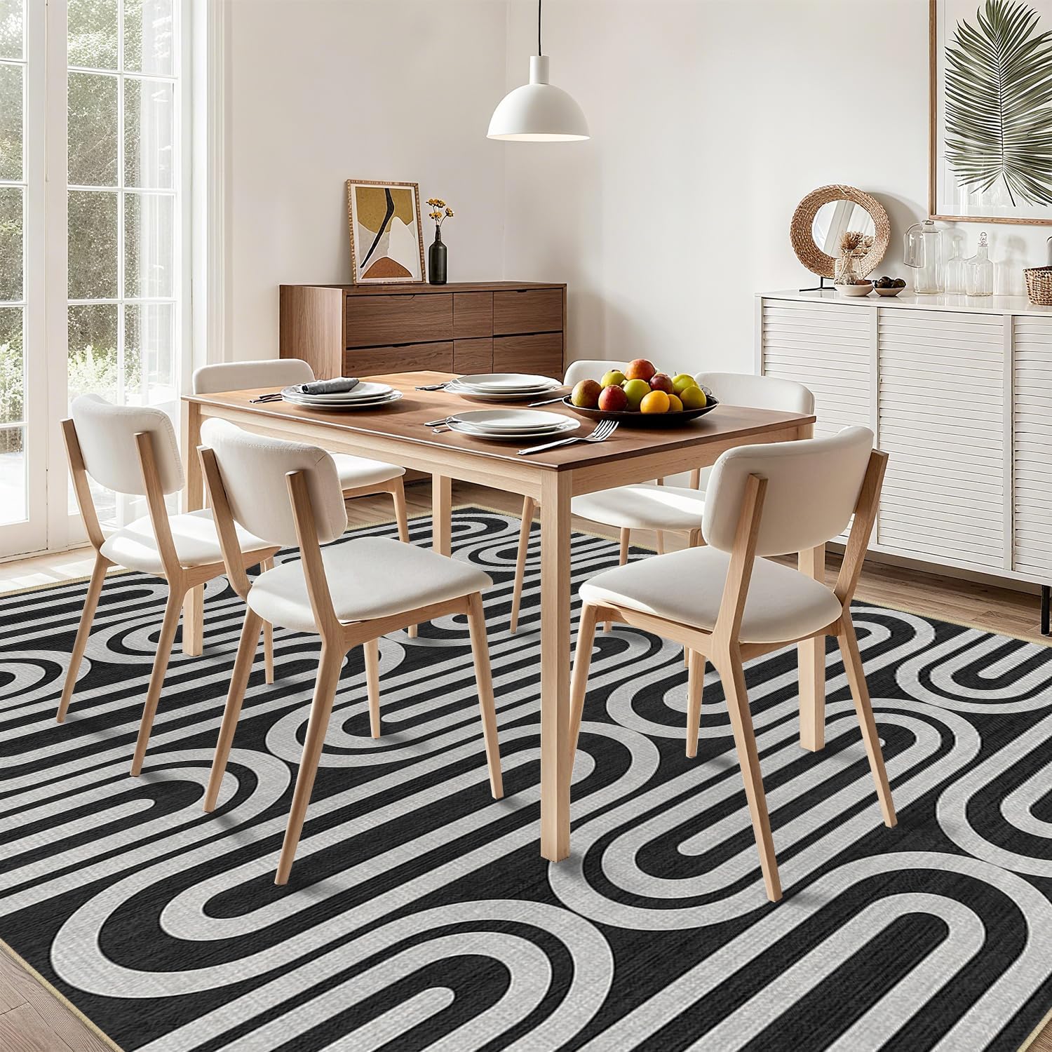 Geometric 3x5 Rug for Living Room Bedroom, Abstract Neutral Area Rugs Black White Machine Washable Rug Non-Slip Printed Low-Pile Floor Carpet for Kitchen Bathroom