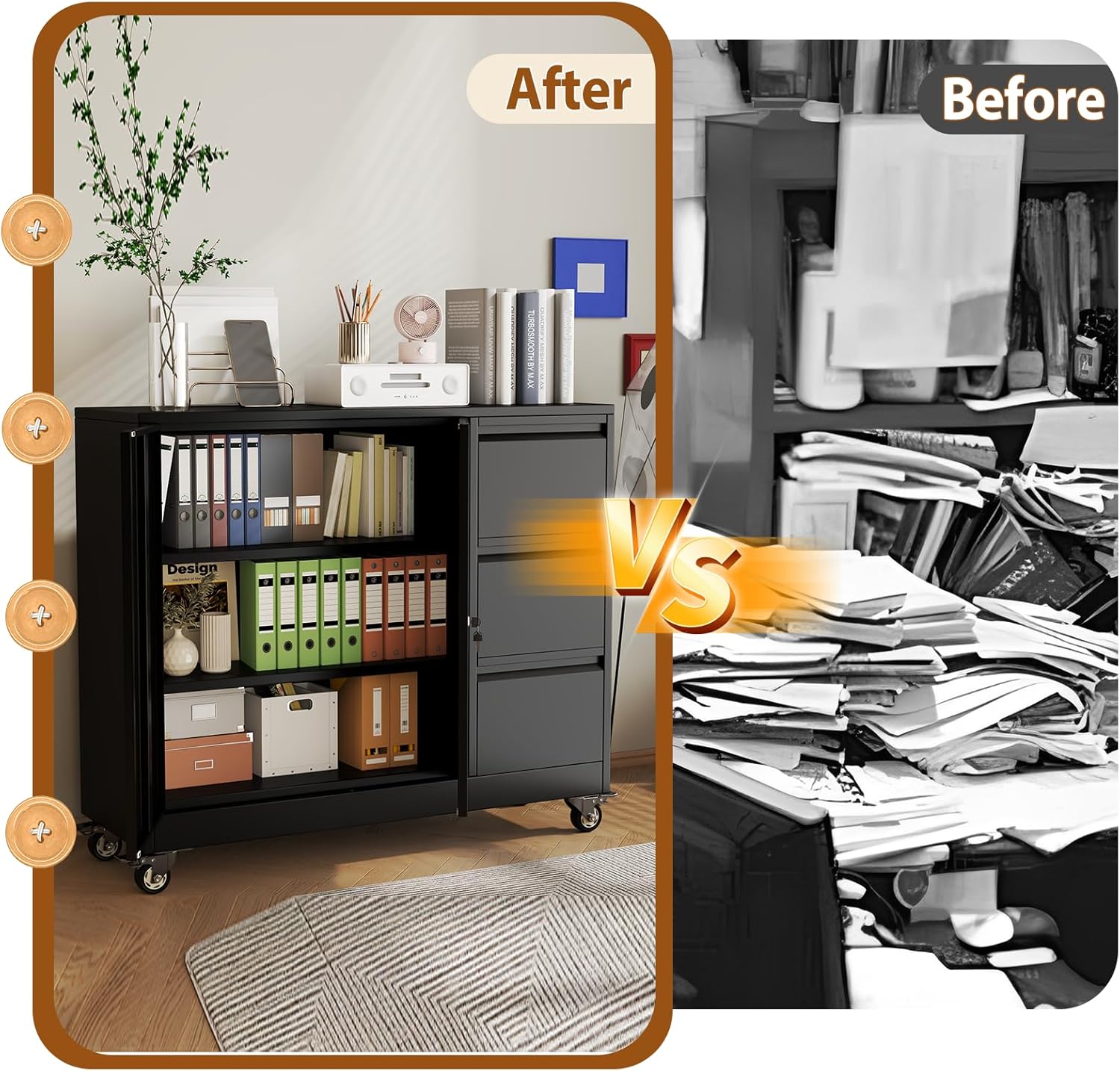 47" Rolling File Cabinet with 3-Drawer and Lockable Doors，Office Storage Cabinet with Adjustable Shelf & Universal Wheels, Mobile Printer Stand for Home Office, Living Dining Room,Black