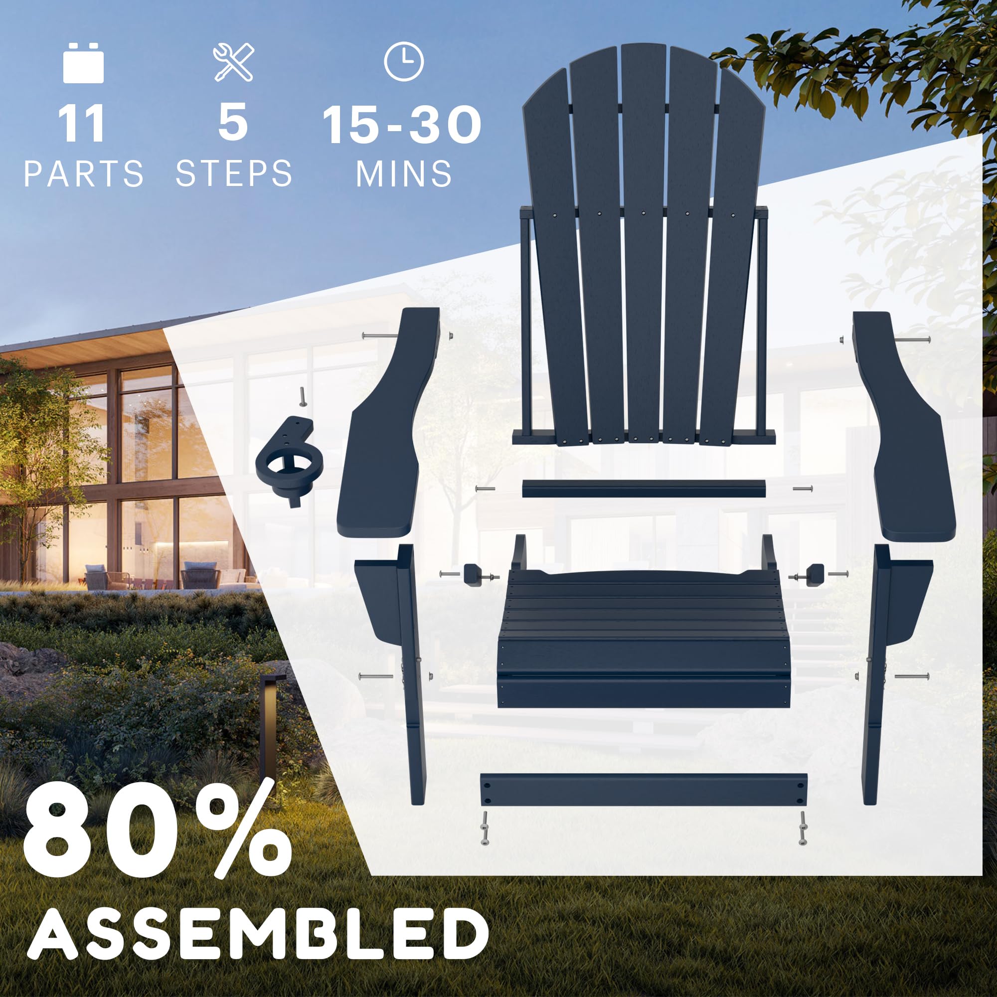 Sillas Adirondack, silla Adirondack plegable de polietileno de alta densidad para todo tipo de clima con portavasos para jardín, terraza, patio trasero y patio (azul)